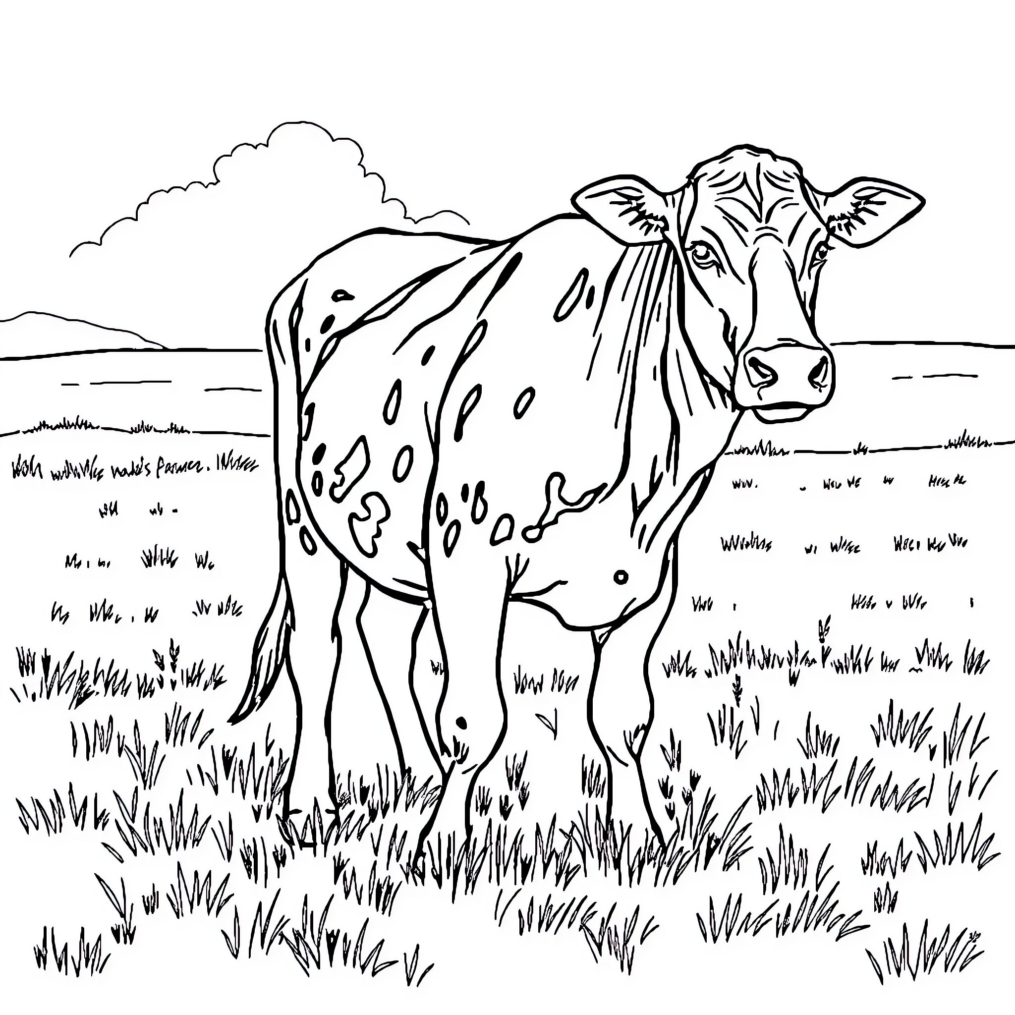 Cow standing in grassy field Coloring Page (free black-and-white line drawing printable PDF for all, from beginners to advanced learners, including children, teens, adults, and seniors)