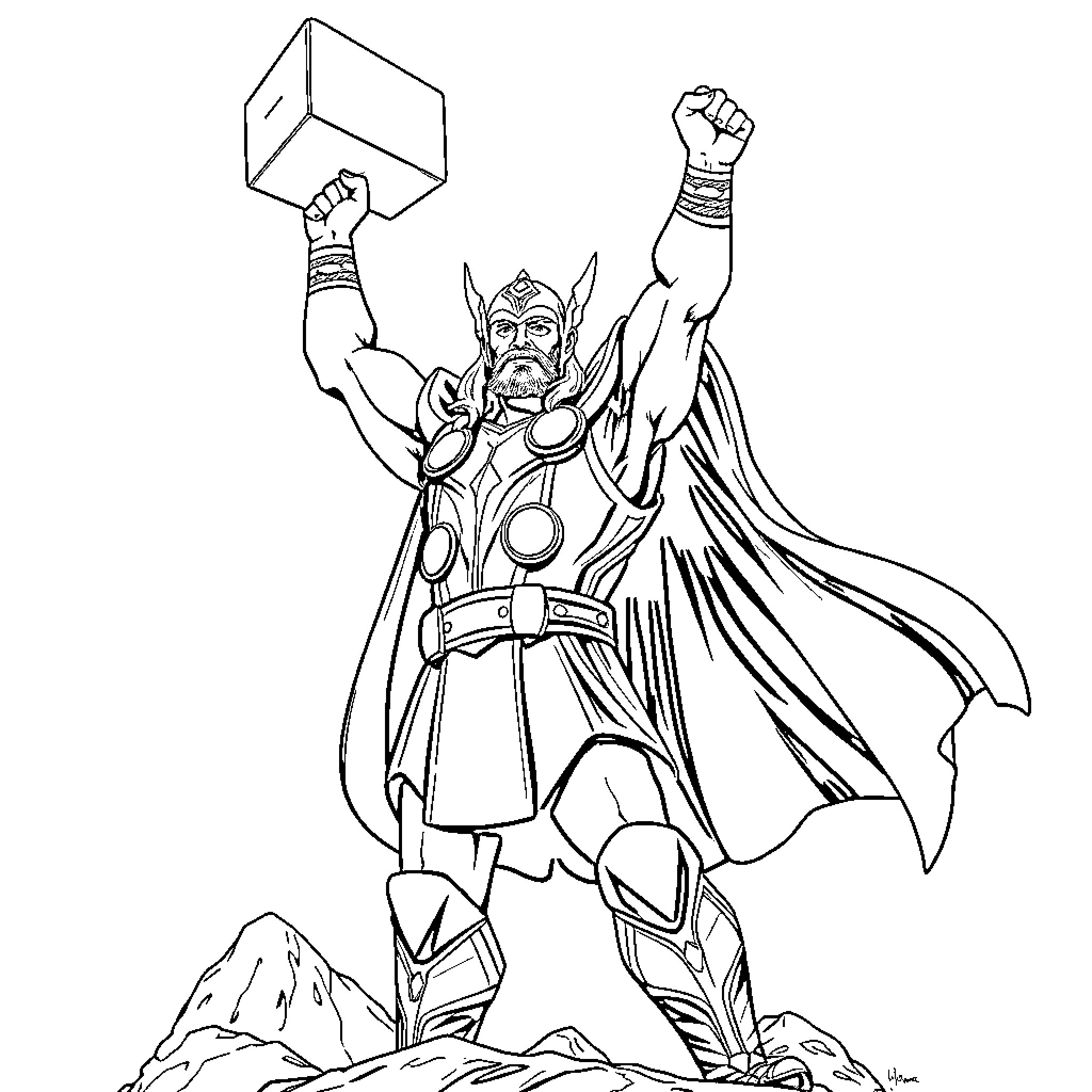 Thor Triumphantly Wielding Mjolnir Hammer Coloring Page (free black-and-white line drawing printable PDF for all, from beginners to advanced learners, including children, teens, adults, and seniors)