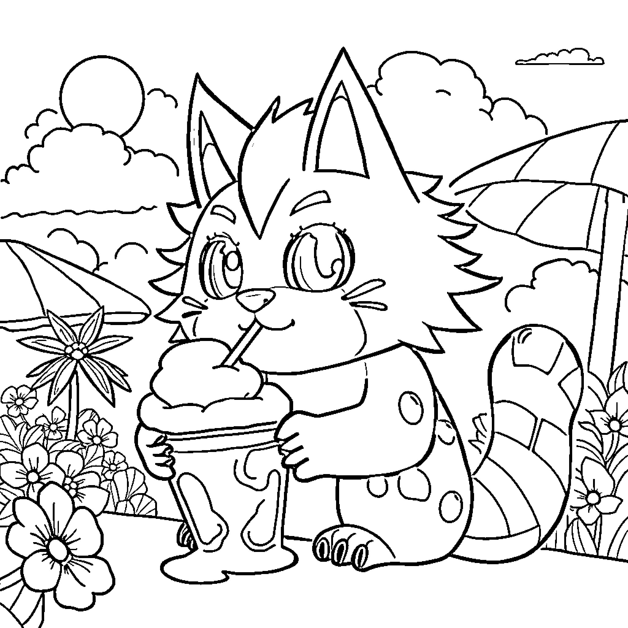 Jibanyan enjoying the outdoors with flowers and nature Coloring Page (free black-and-white line drawing printable PDF for all, from beginners to advanced learners, including children, teens, adults, and seniors)
