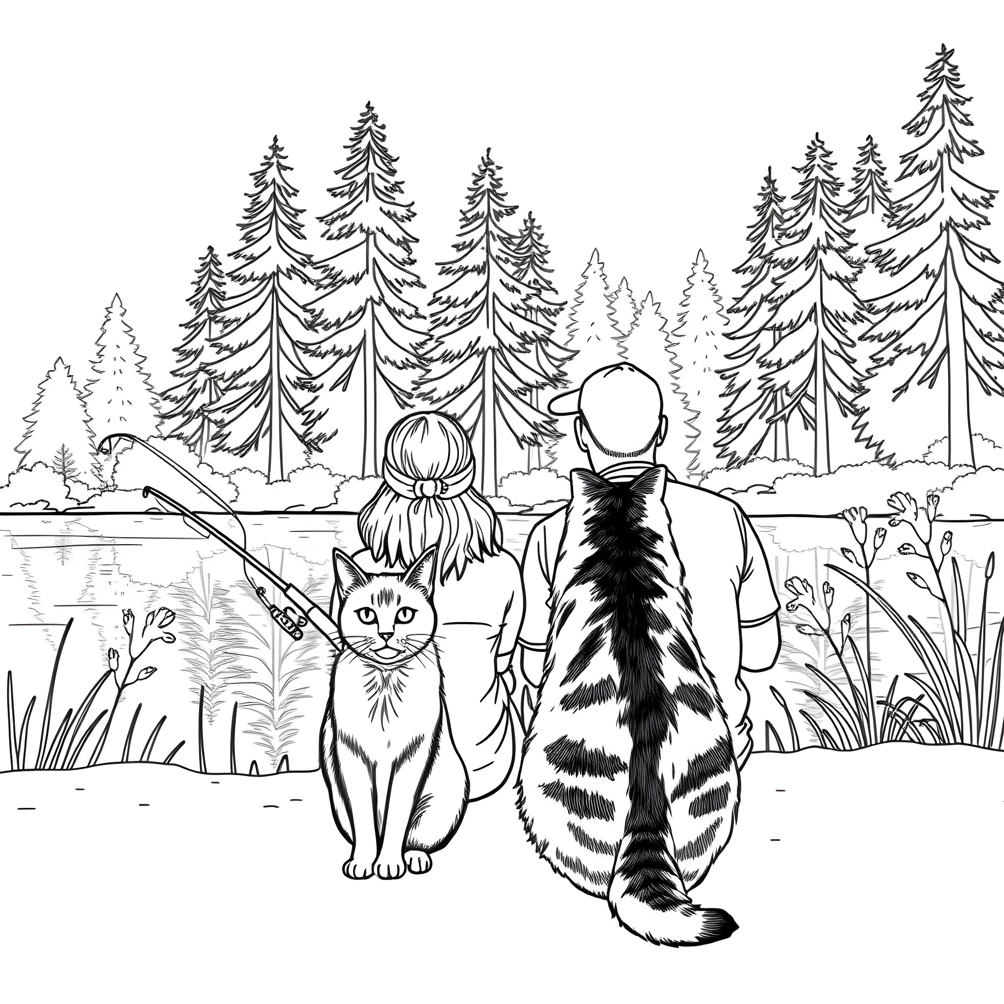 Cat exploring the snowy forest with a person Coloring Page (free black-and-white line drawing printable PDF for all, from beginners to advanced learners, including children, teens, adults, and seniors)