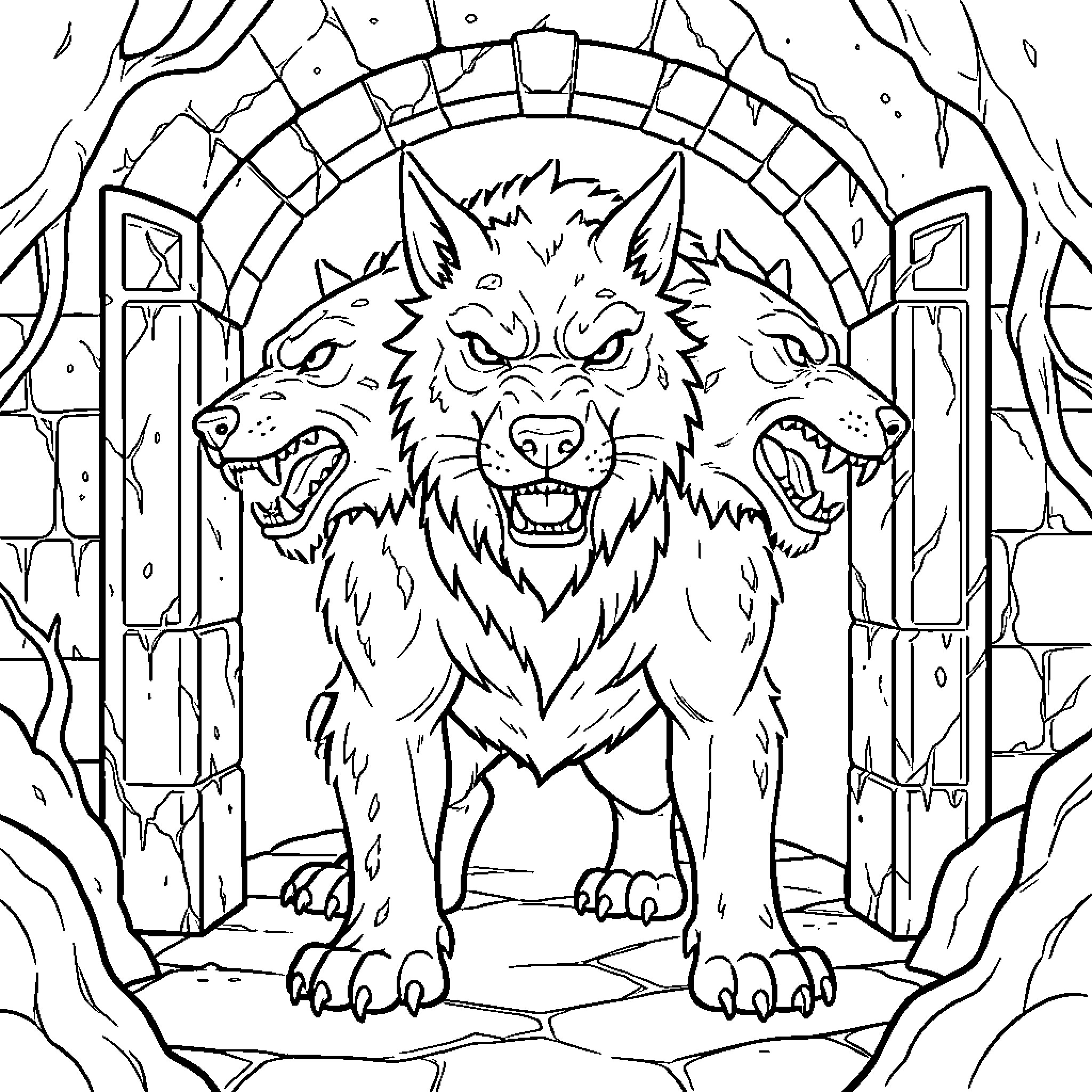Cerberus snarling aggressively while guarding a stone gateway Coloring Page (free black-and-white line drawing printable PDF for all, from beginners to advanced learners, including children, teens, adults, and seniors)