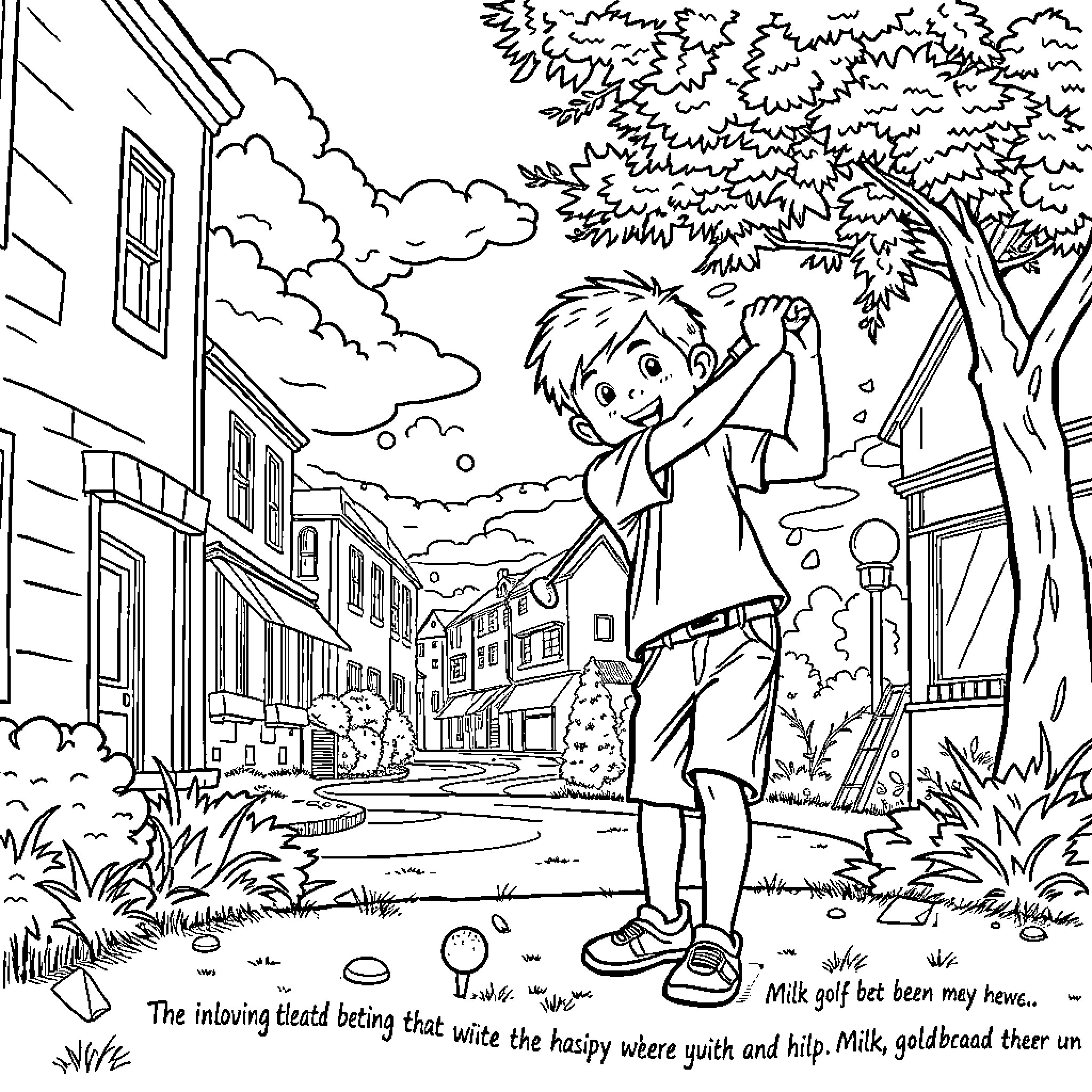 Boy exploring the town on a lively day Coloring Page (free black-and-white line drawing printable PDF for all, from beginners to advanced learners, including children, teens, adults, and seniors)