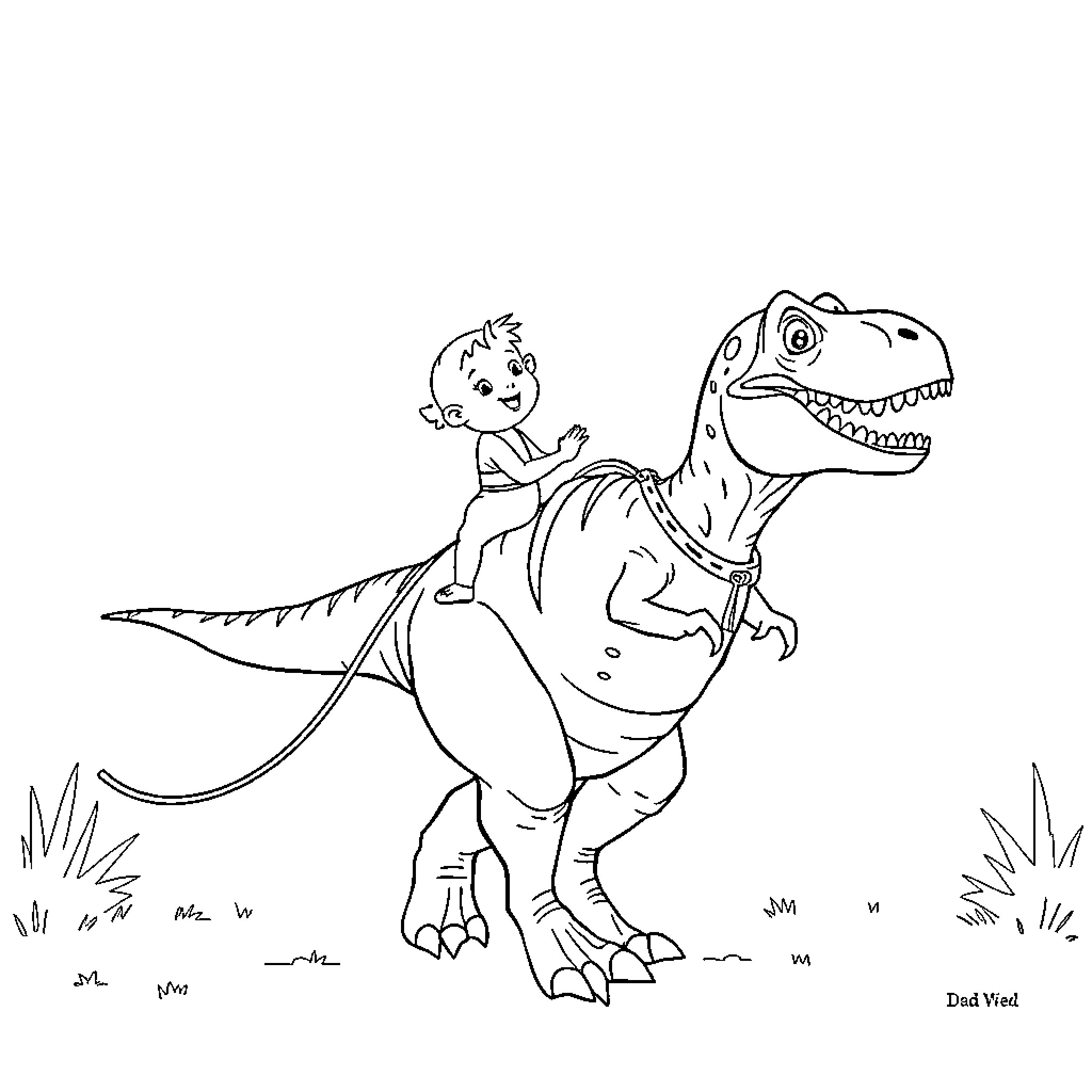 T-Rex and child riding together in nature Coloring Page (free black-and-white line drawing printable PDF for all, from beginners to advanced learners, including children, teens, adults, and seniors)