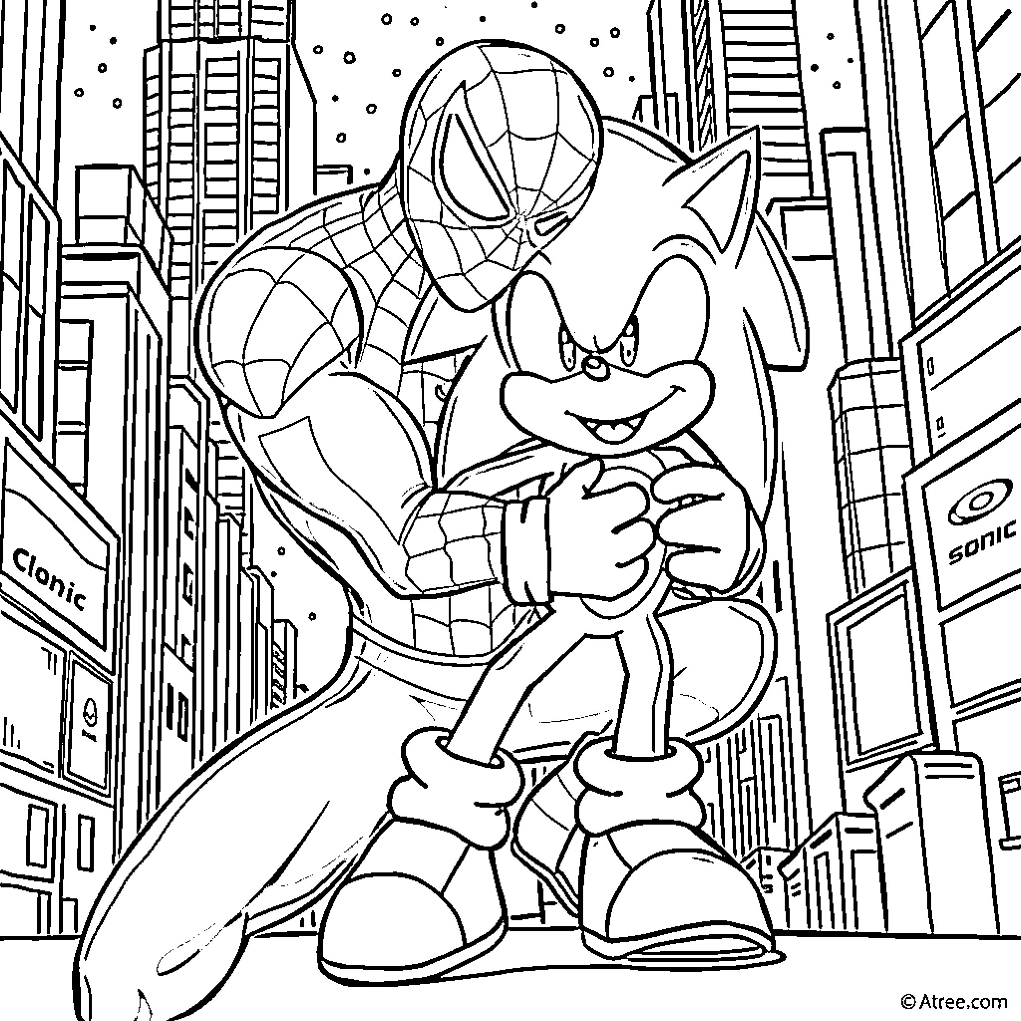 Spiderman teams up with Sonic the Hedgehog in the city Coloring Page (free black-and-white line drawing printable PDF for all, from beginners to advanced learners, including children, teens, adults, and seniors)