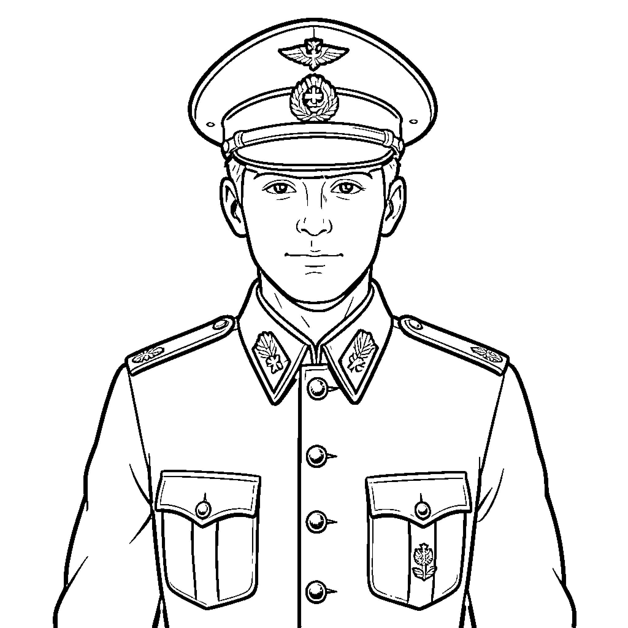 German Military Uniform Portrait of a Uniformed Man Coloring Page (free black-and-white line drawing printable PDF for all, from beginners to advanced learners, including children, teens, adults, and seniors)