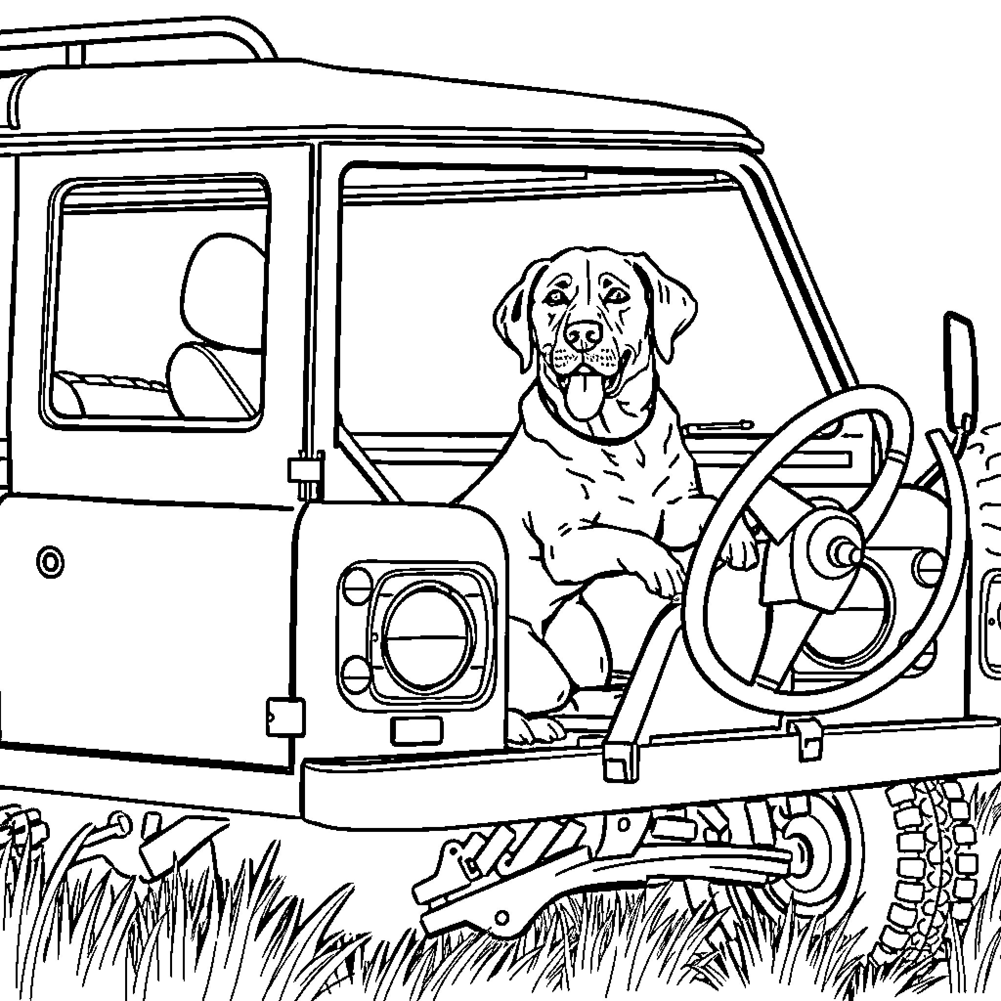 Labrador enjoying a ride in a rugged off-road vehicle Coloring Page (free black-and-white line drawing printable PDF for all, from beginners to advanced learners, including children, teens, adults, and seniors)