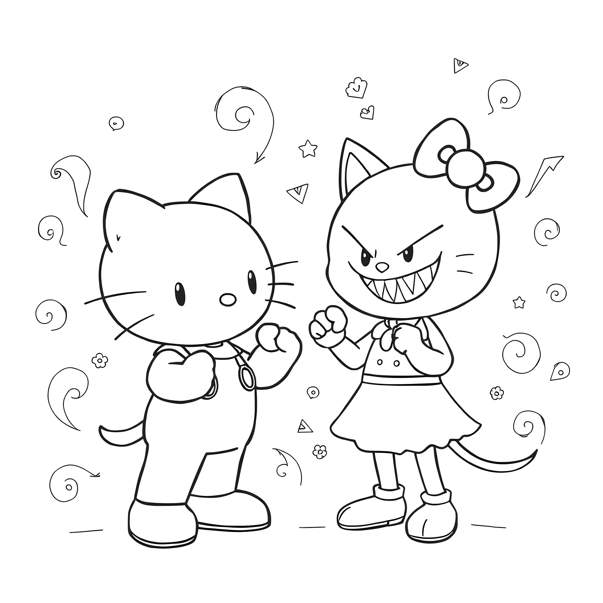 Hello Kitty and friend in playful poses Coloring Page (free black-and-white line drawing printable PDF for all, from beginners to advanced learners, including children, teens, adults, and seniors)