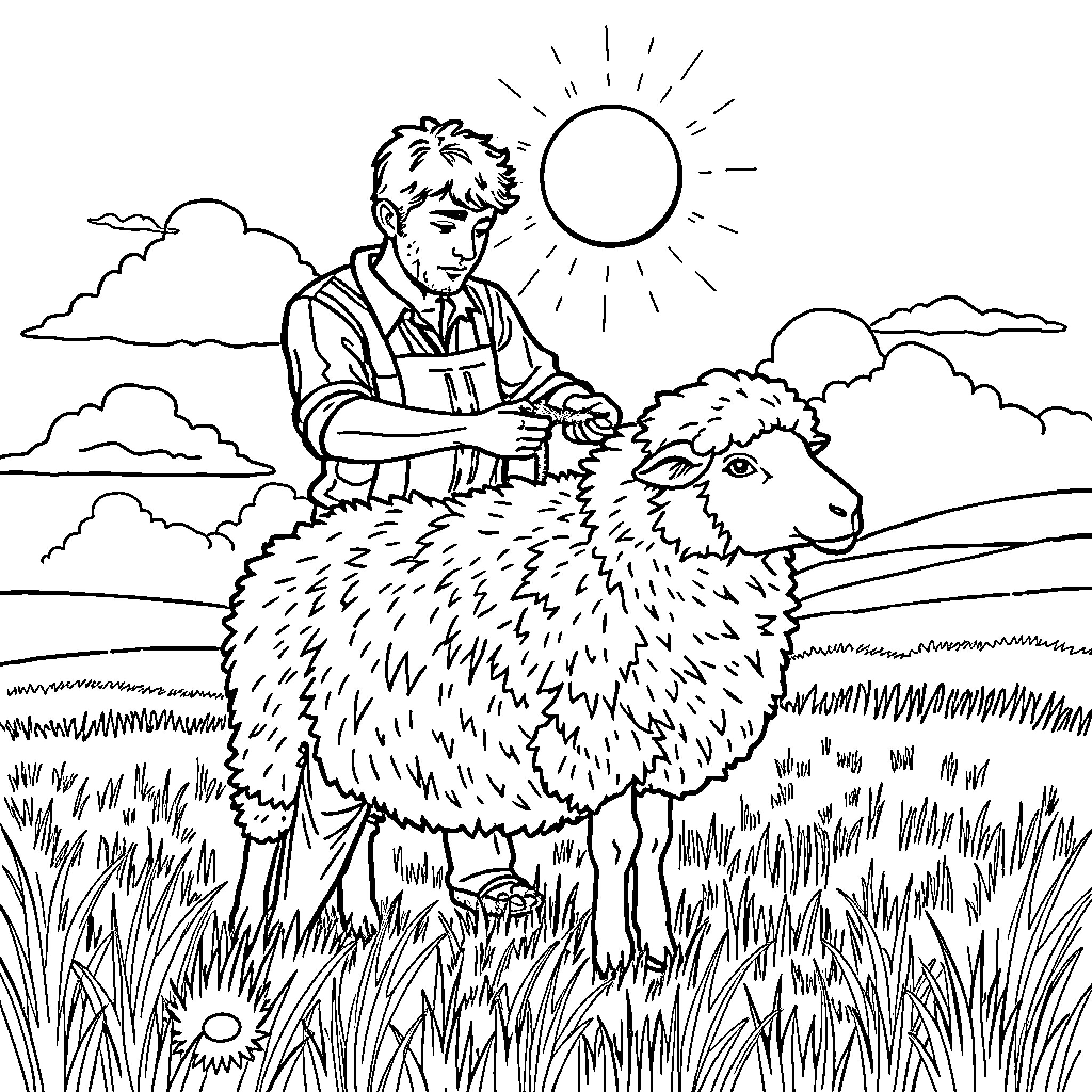 Man tending to sheep in pastoral field Coloring Page (free black-and-white line drawing printable PDF for all, from beginners to advanced learners, including children, teens, adults, and seniors)