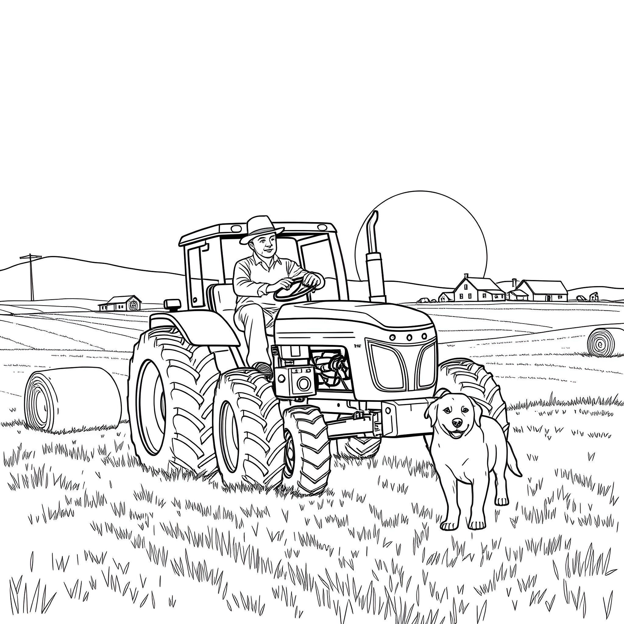 Farmer driving tractor with dog in rural landscape Coloring Page (free black-and-white line drawing printable PDF for all, from beginners to advanced learners, including children, teens, adults, and seniors)