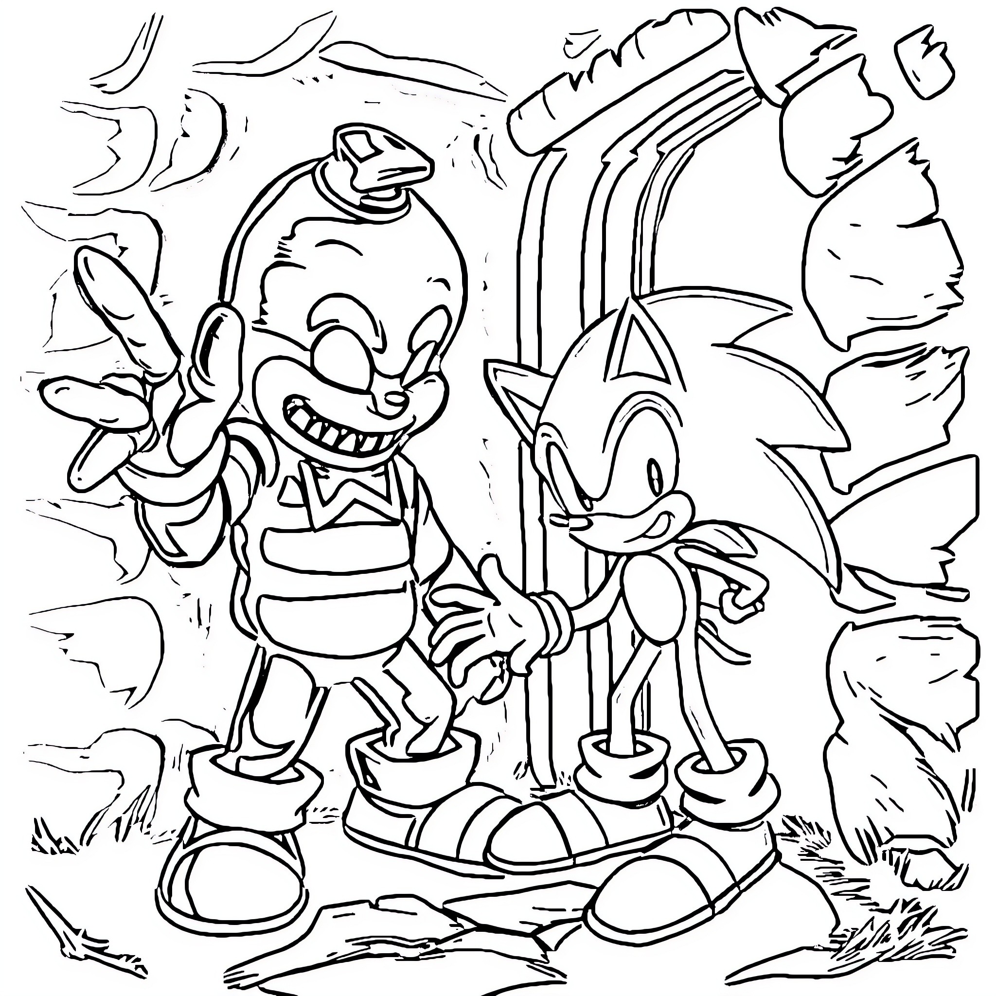 Freddy and Sonic's Wacky Adventure Coloring Page (free black-and-white line drawing printable PDF for all, from beginners to advanced learners, including children, teens, adults, and seniors)