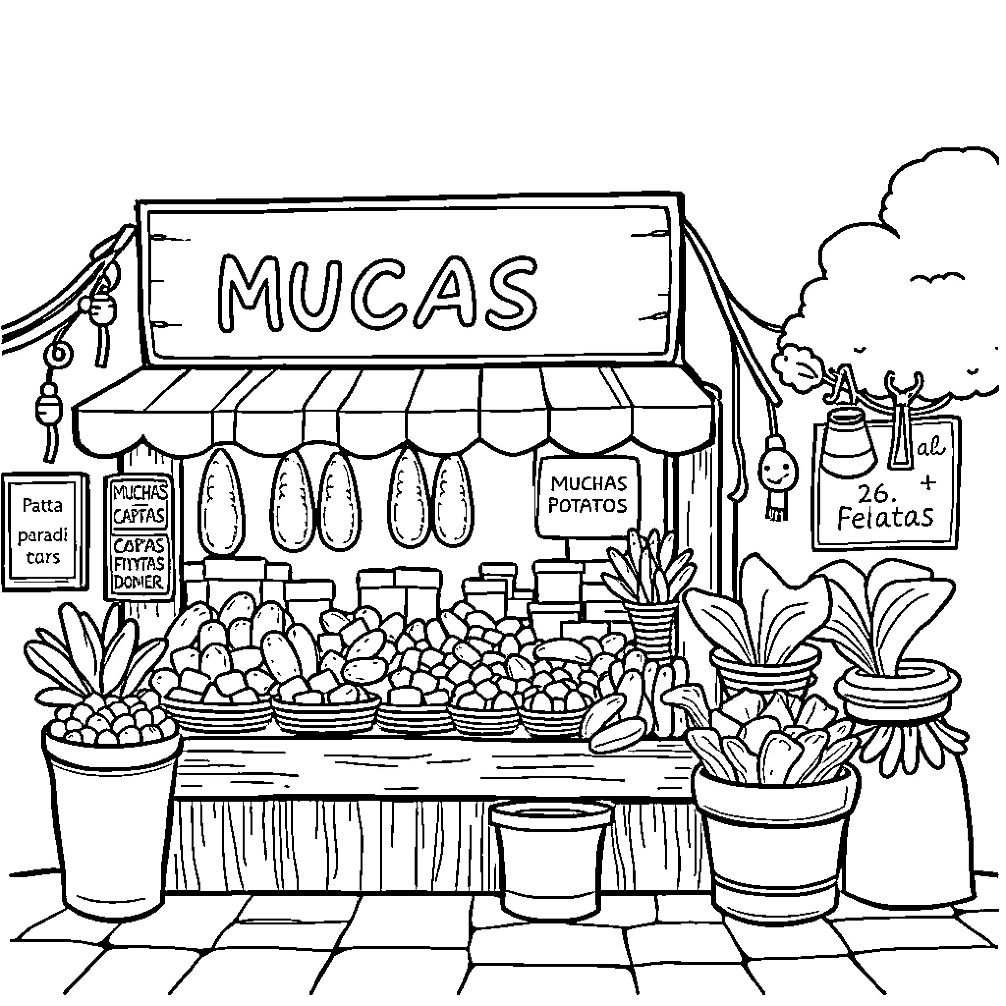 French Fry Stand with Variety of Vegetables and Plants Coloring Page (free black-and-white line drawing printable PDF for all, from beginners to advanced learners, including children, teens, adults, and seniors)