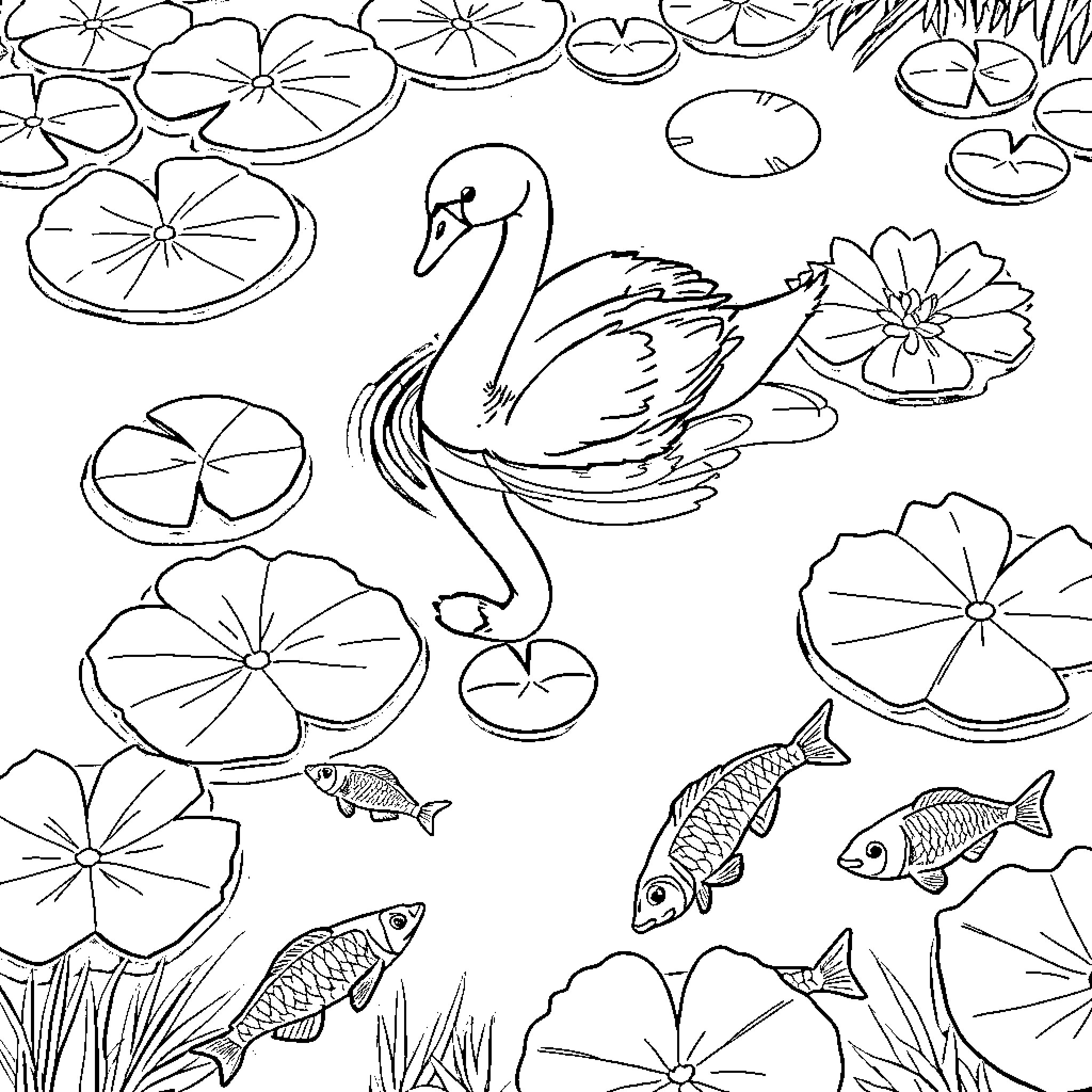 Swan Swimming Amidst Lilypads and Flowers Coloring Page (free black-and-white line drawing printable PDF for all, from beginners to advanced learners, including children, teens, adults, and seniors)