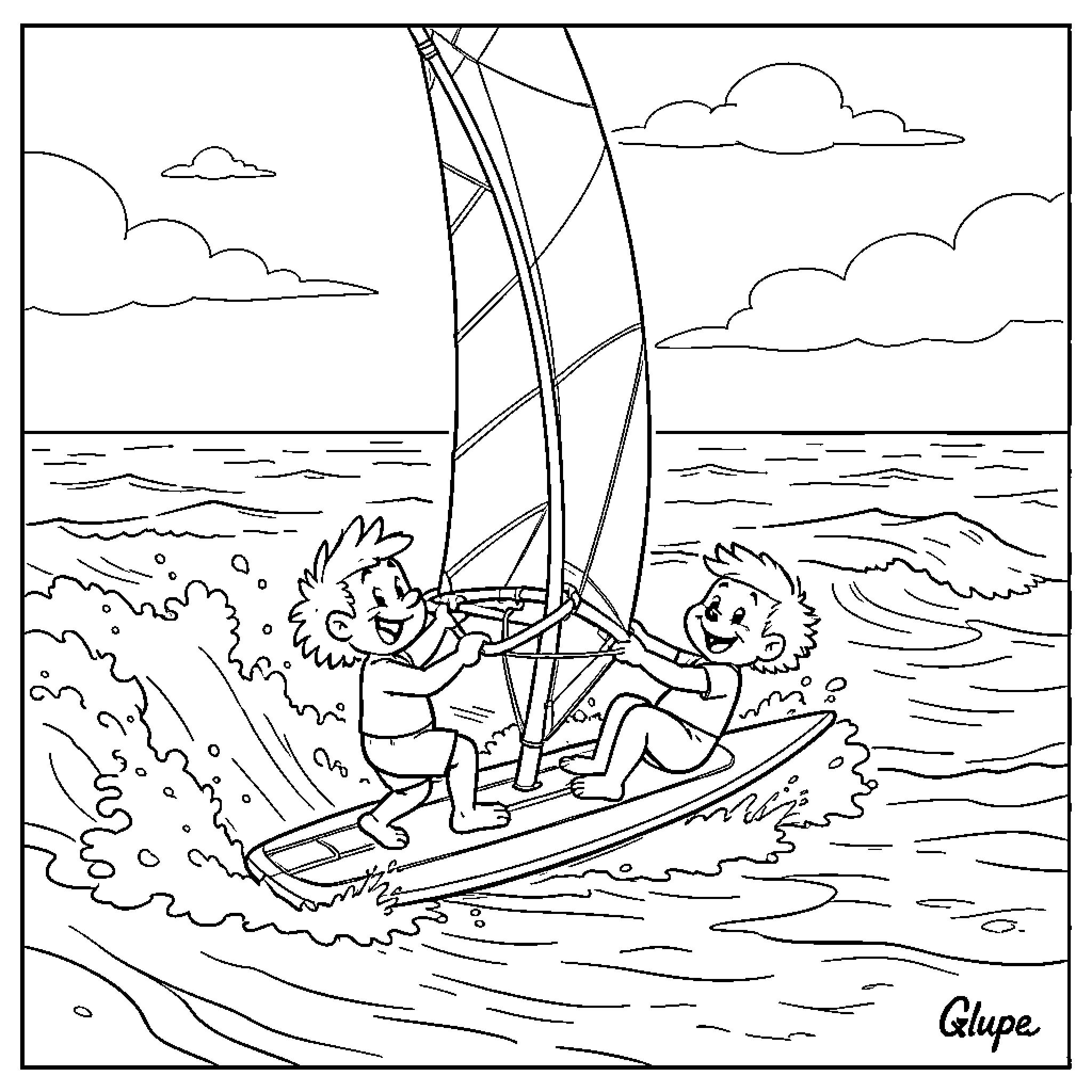 Quick et Flupke windsurfing joyfully on ocean waves Coloring Page (free black-and-white line drawing printable PDF for all, from beginners to advanced learners, including children, teens, adults, and seniors)
