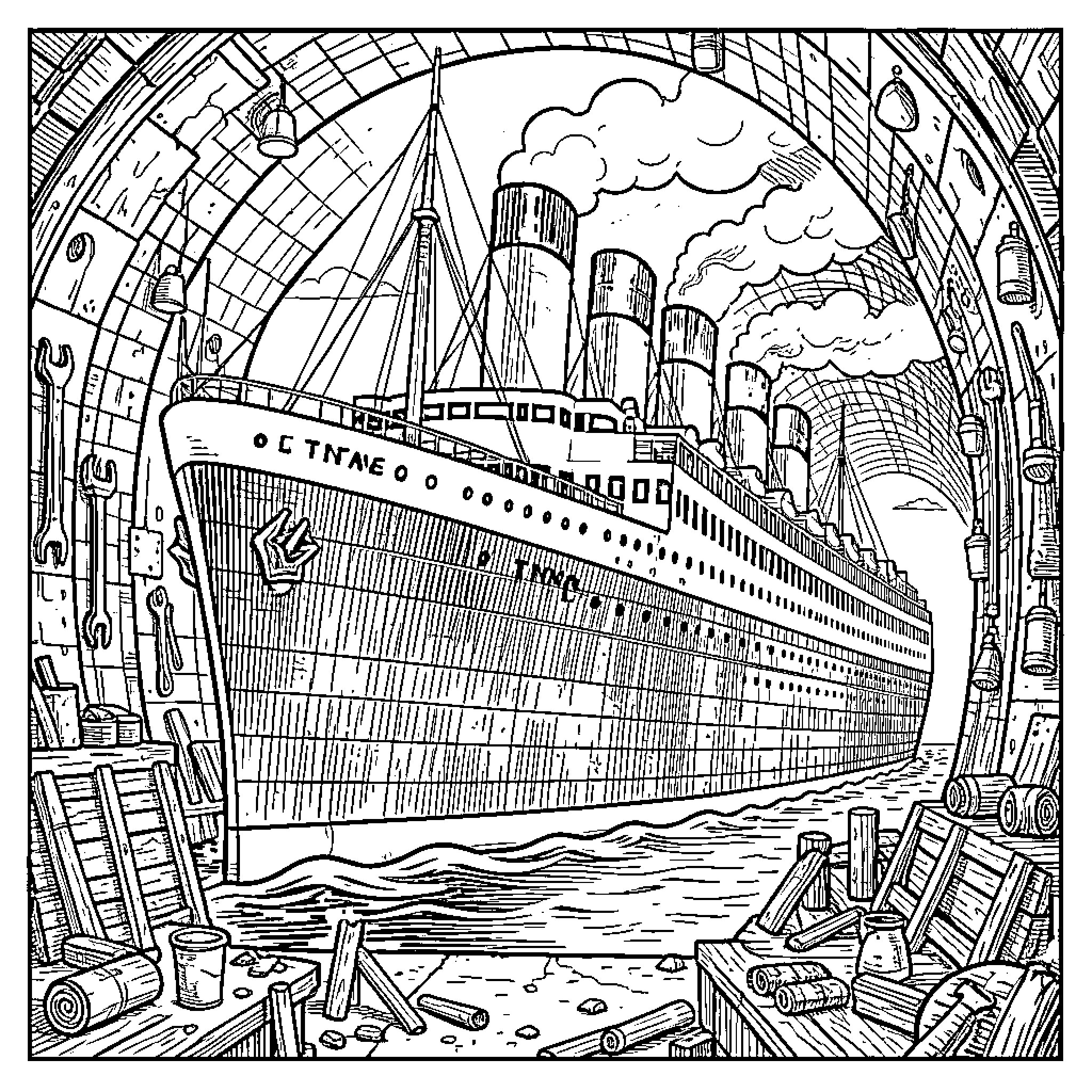 Titanic docked inside a large industrial shipyard workshop Coloring Page (free black-and-white line drawing printable PDF for all, from beginners to advanced learners, including children, teens, adults, and seniors)