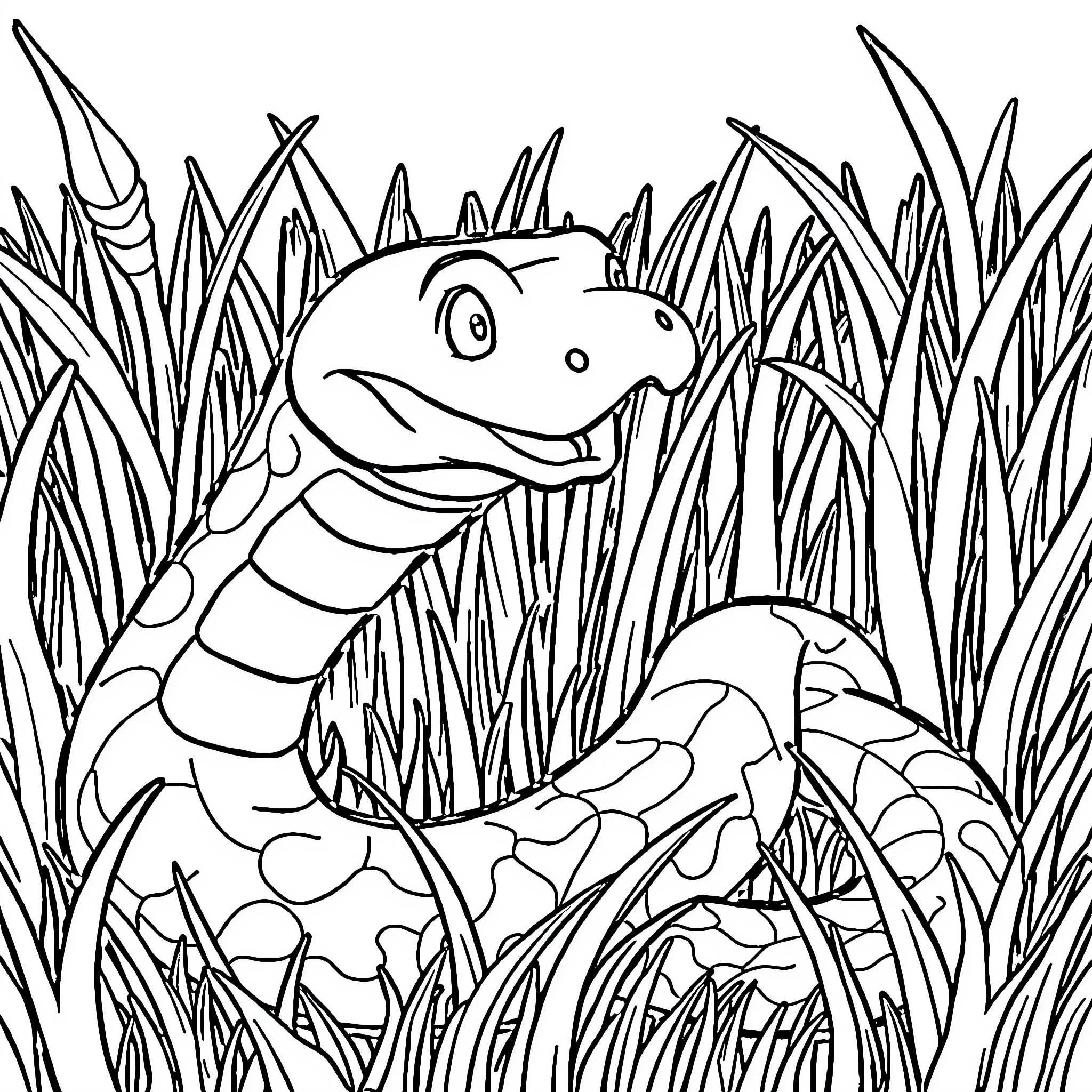 Jake the Smiling Snake in the Grass Coloring Page (free black-and-white line drawing printable PDF for all, from beginners to advanced learners, including children, teens, adults, and seniors)