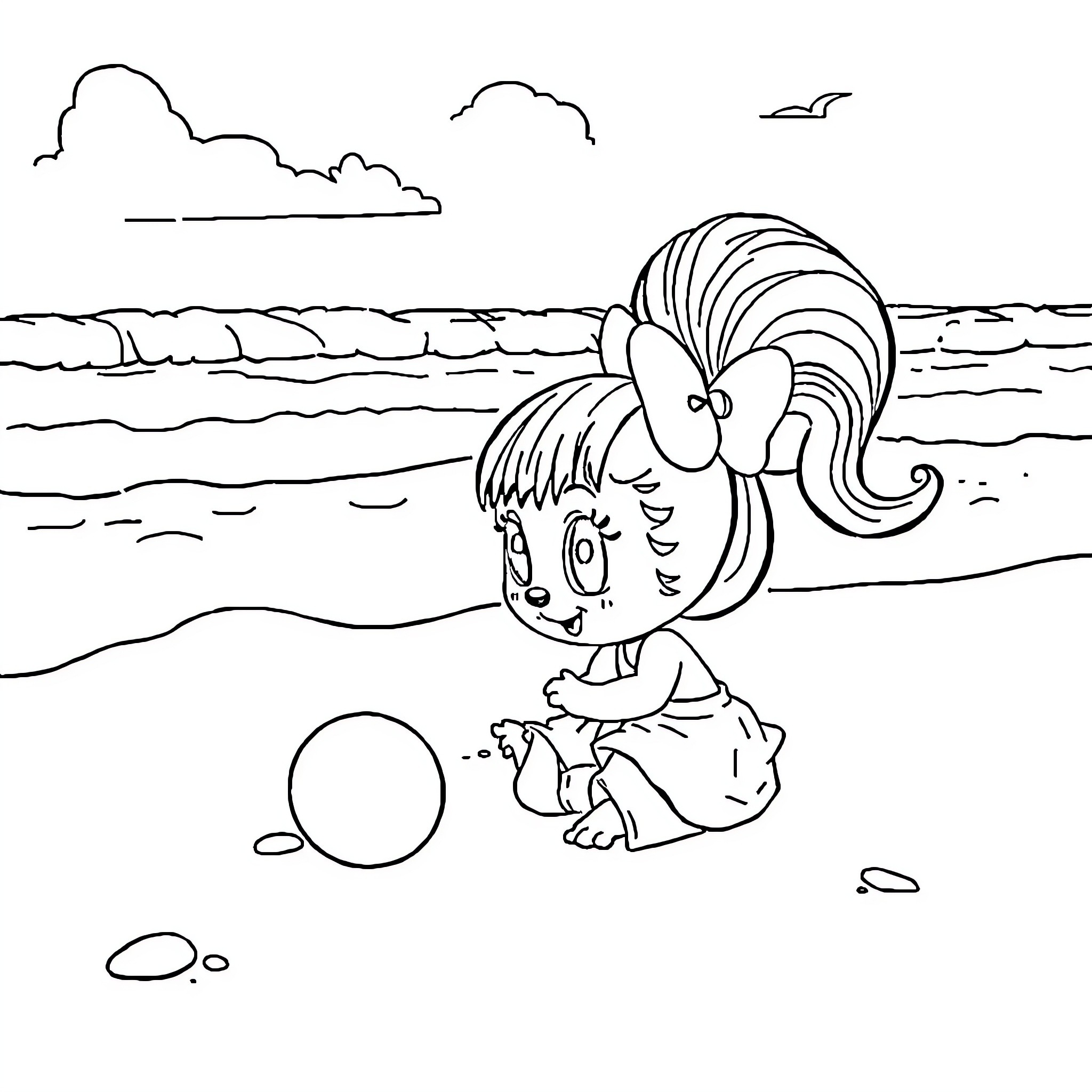 Mirabelle playing joyfully at the beach Coloring Page (free black-and-white line drawing printable PDF for all, from beginners to advanced learners, including children, teens, adults, and seniors)