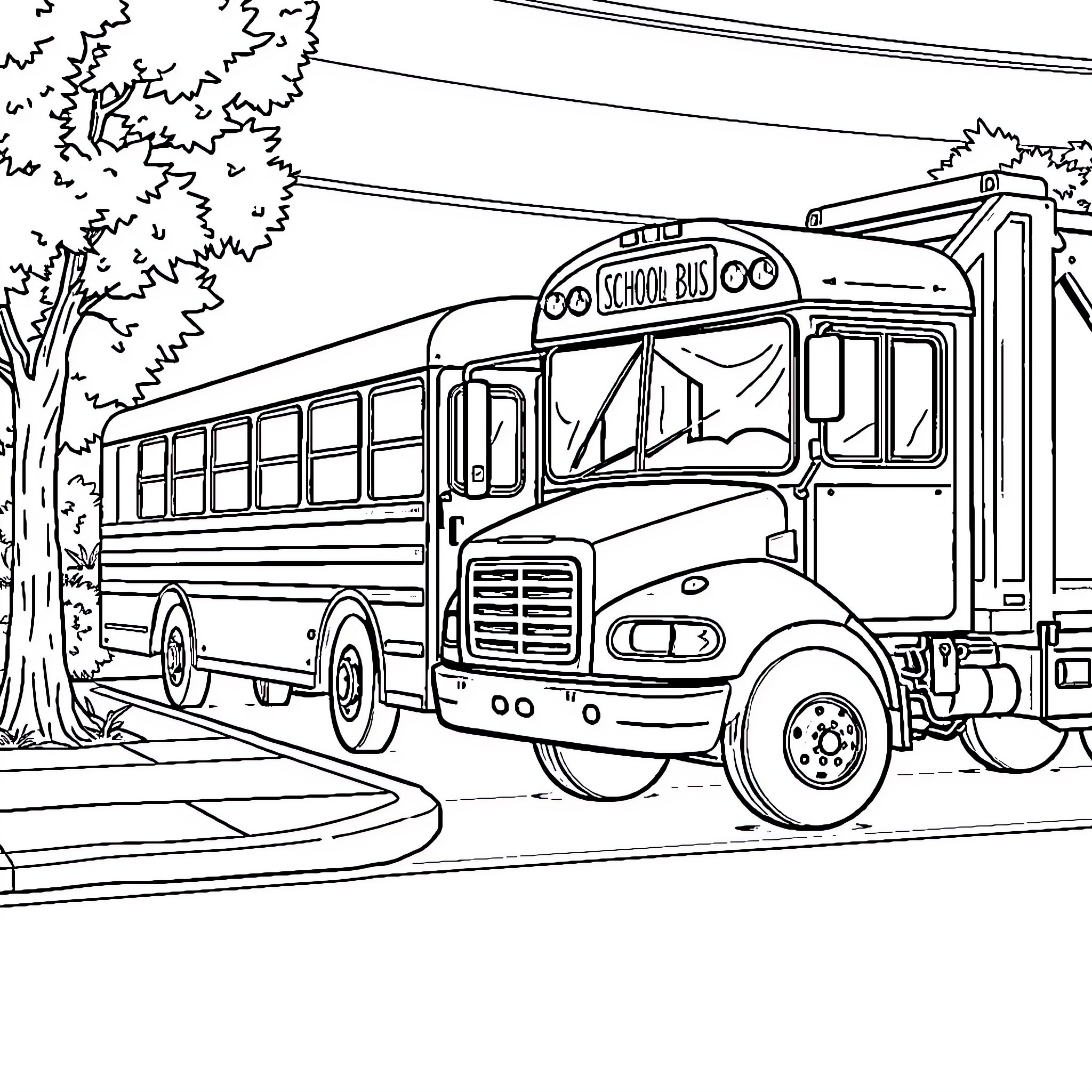 Bus transporting students on a country road Coloring Page (free black-and-white line drawing printable PDF for all, from beginners to advanced learners, including children, teens, adults, and seniors)