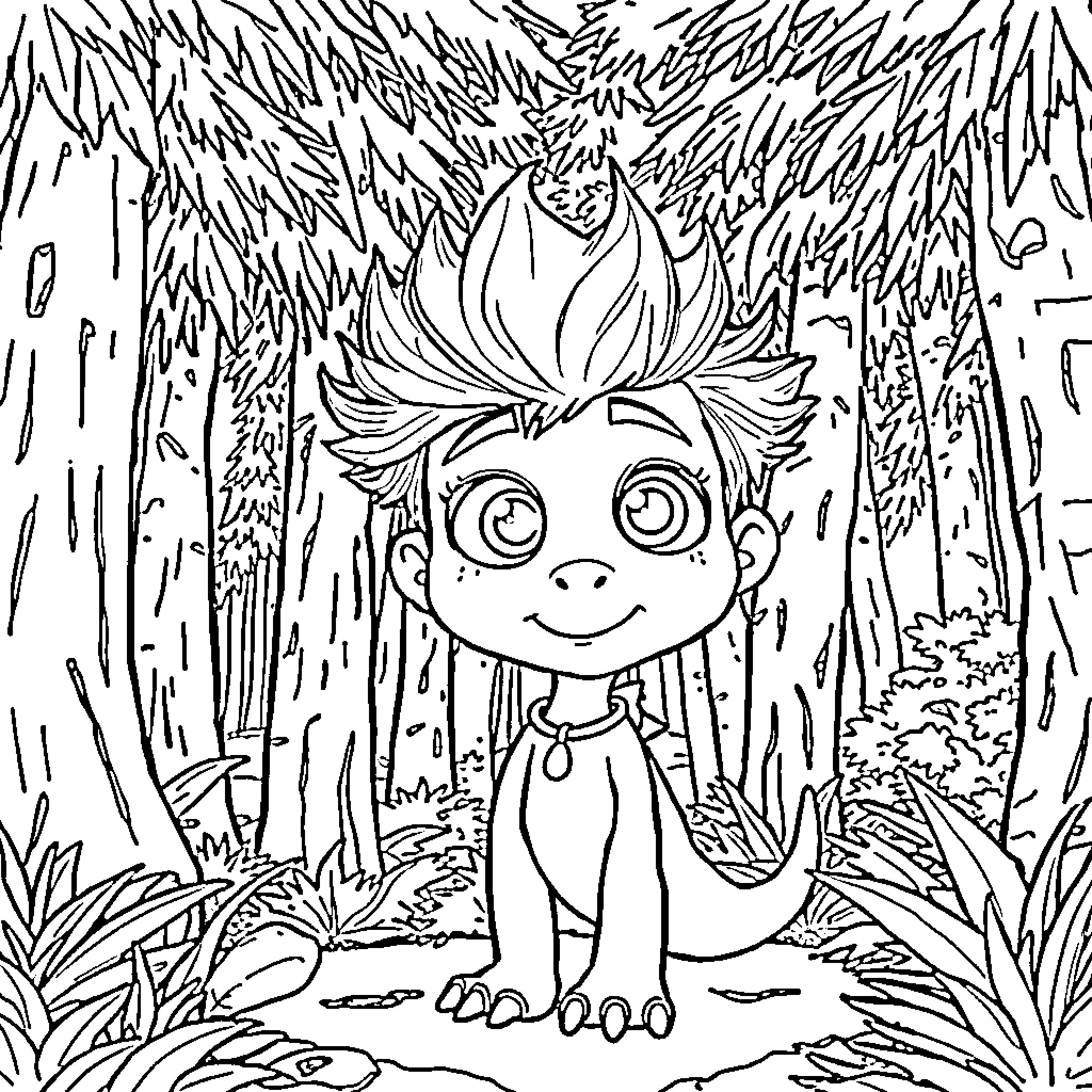 Spot the curious creature in the enchanted forest Coloring Page (free black-and-white line drawing printable PDF for all, from beginners to advanced learners, including children, teens, adults, and seniors)