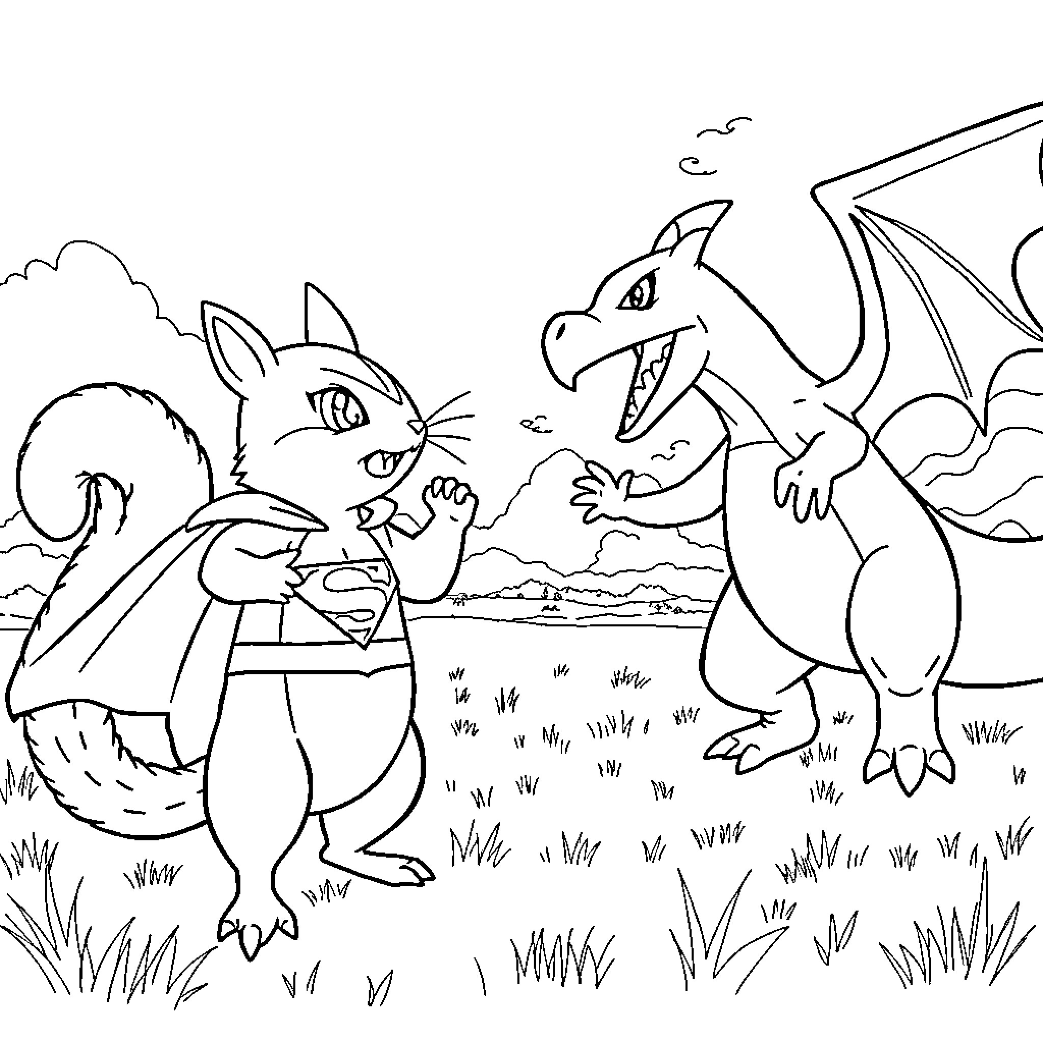Squirrel and dragon playing in the field Coloring Page (free black-and-white line drawing printable PDF for all, from beginners to advanced learners, including children, teens, adults, and seniors)