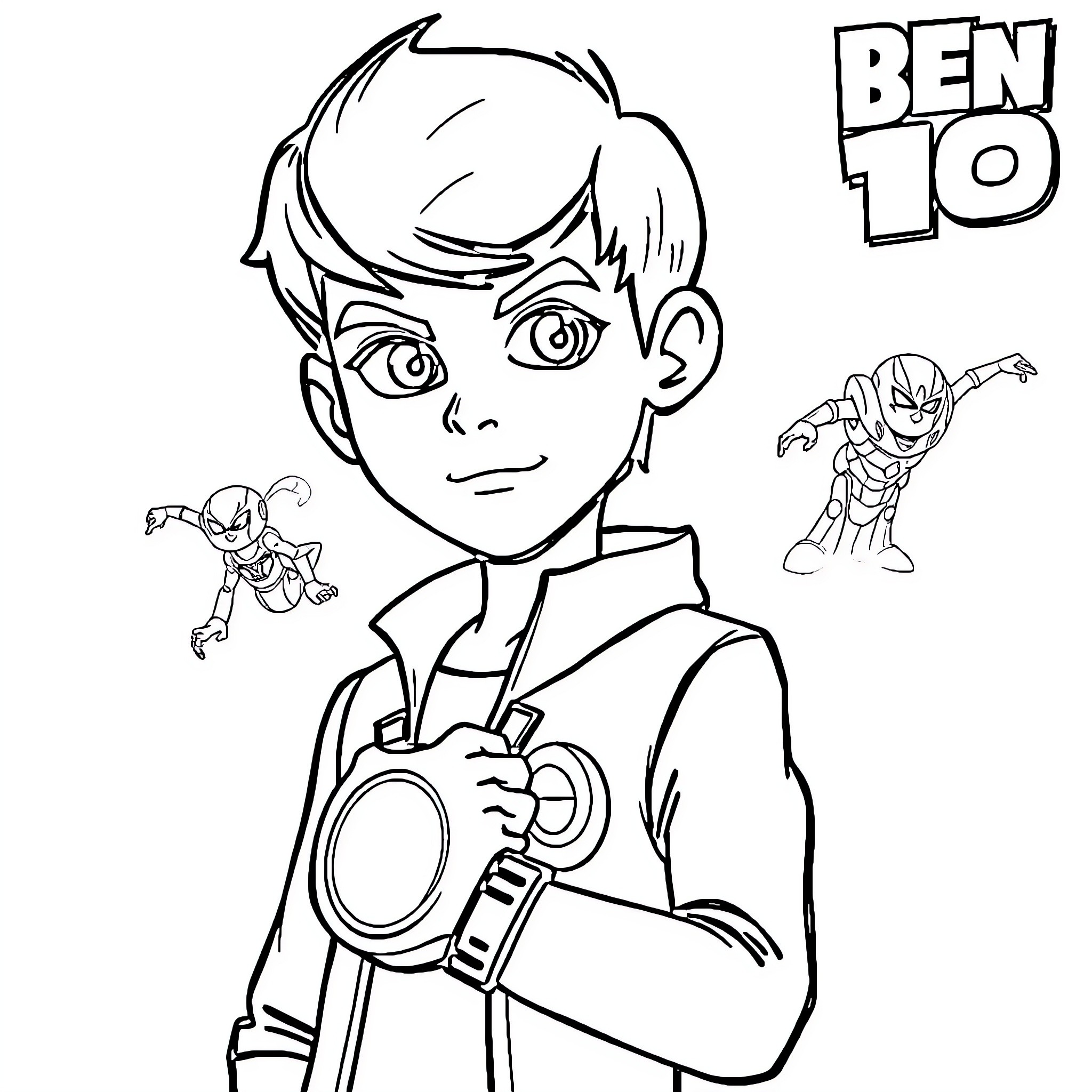 Ben 10 Activating His Alien Transformation Watch Coloring Page (free black-and-white line drawing printable PDF for all, from beginners to advanced learners, including children, teens, adults, and seniors)