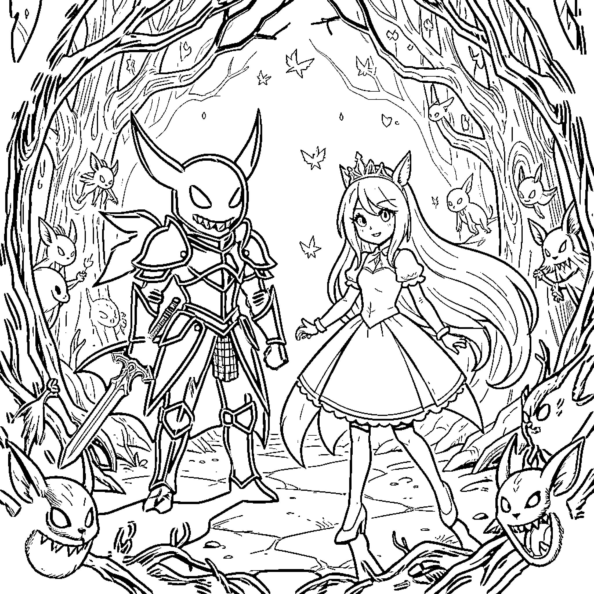 Hollow Knight characters exploring a magical forest Coloring Page (free black-and-white line drawing printable PDF for all, from beginners to advanced learners, including children, teens, adults, and seniors)