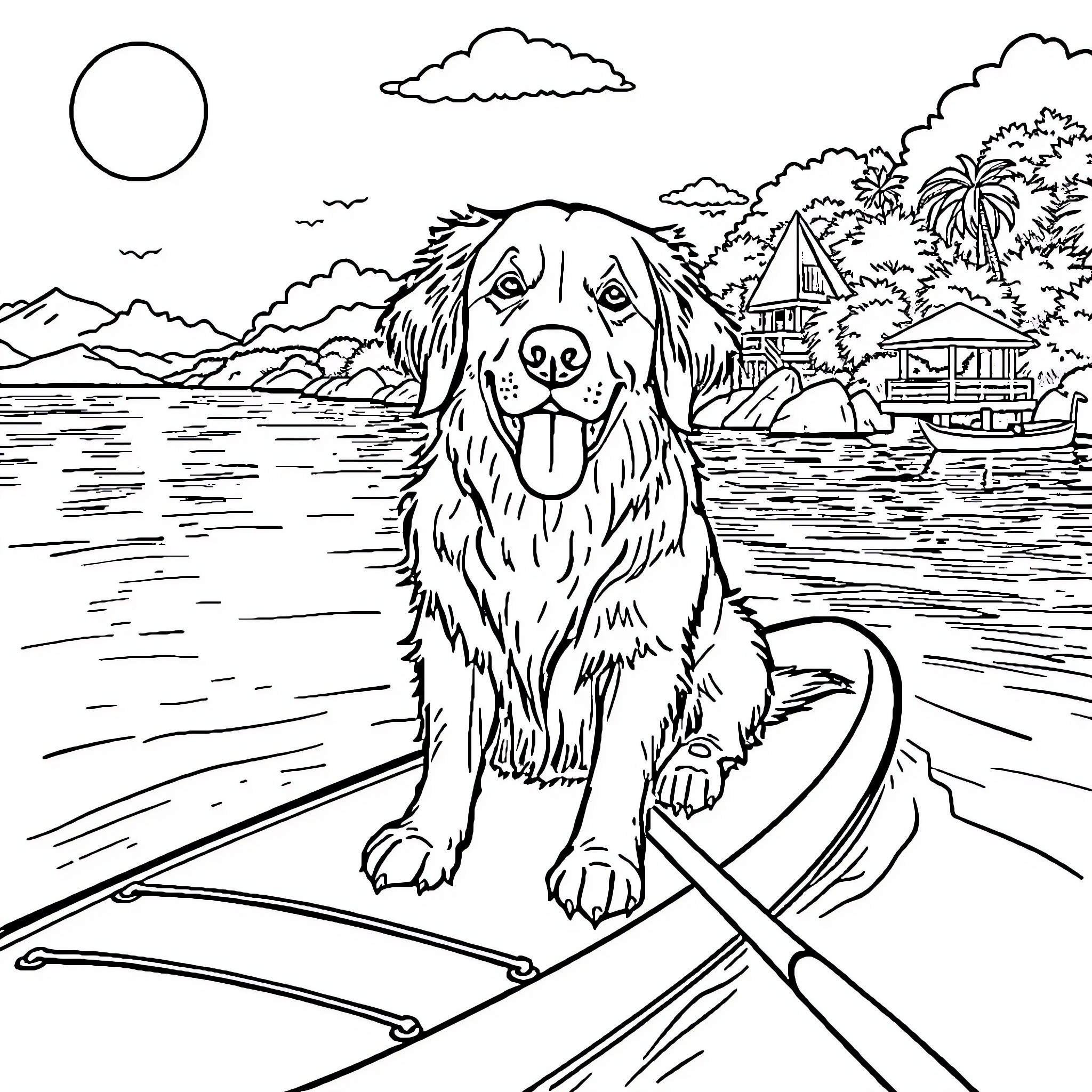 Golden Retriever enjoying a scenic boat ride Coloring Page (free black-and-white line drawing printable PDF for all, from beginners to advanced learners, including children, teens, adults, and seniors)