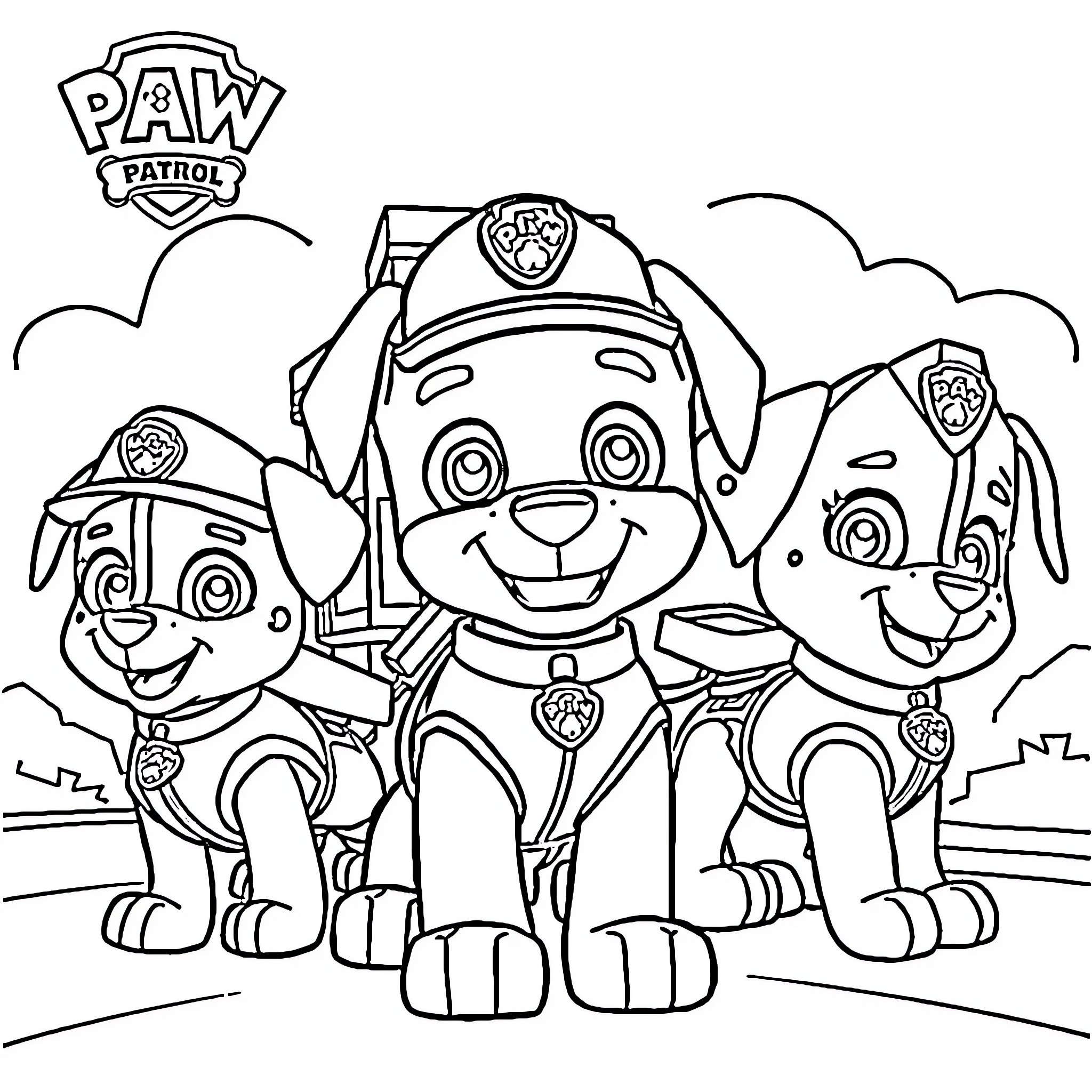 Paw Patrol pups in uniform exploring together Coloring Page (free black-and-white line drawing printable PDF for all, from beginners to advanced learners, including children, teens, adults, and seniors)