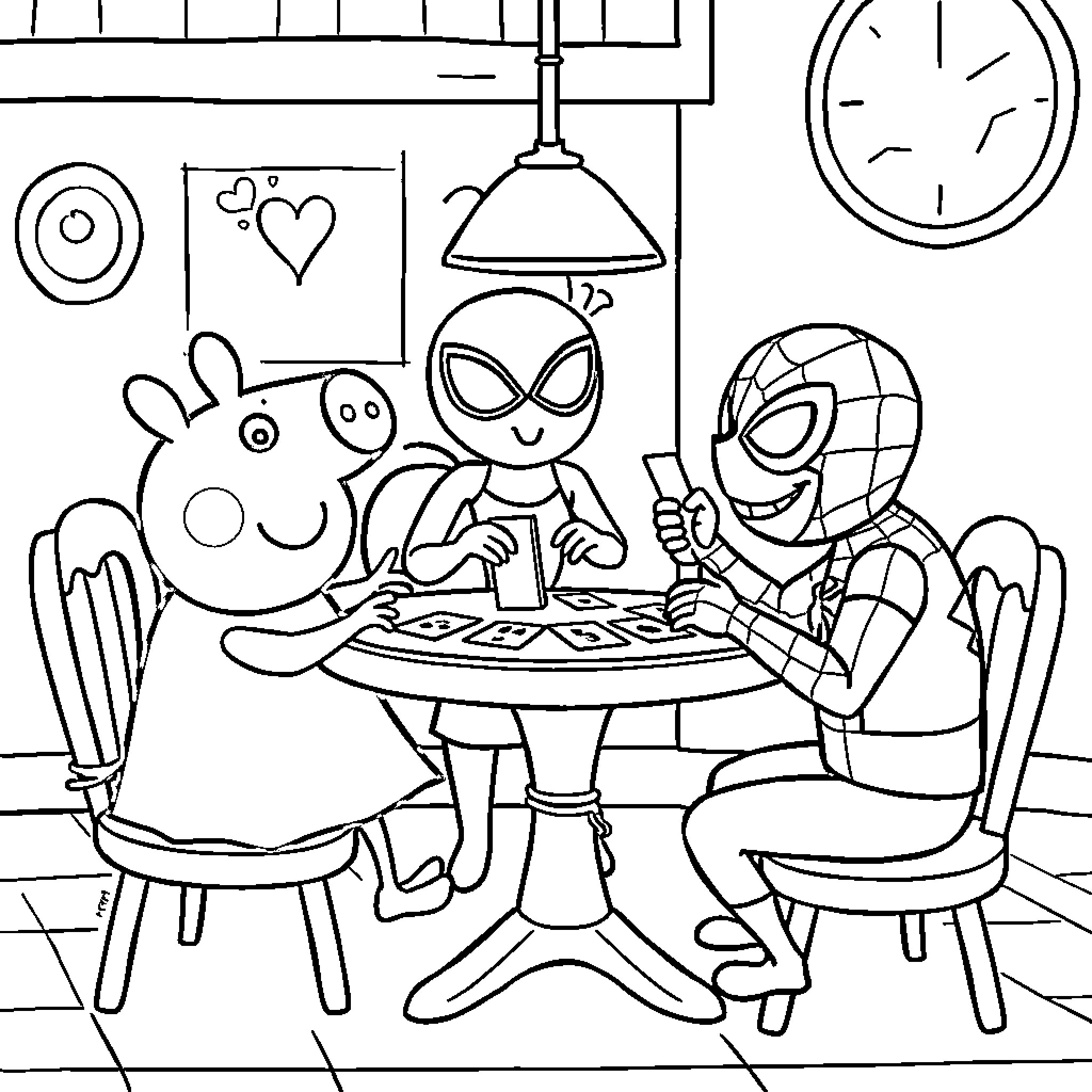 Peppa Pig playing a card game with superheroes Coloring Page (free black-and-white line drawing printable PDF for all, from beginners to advanced learners, including children, teens, adults, and seniors)