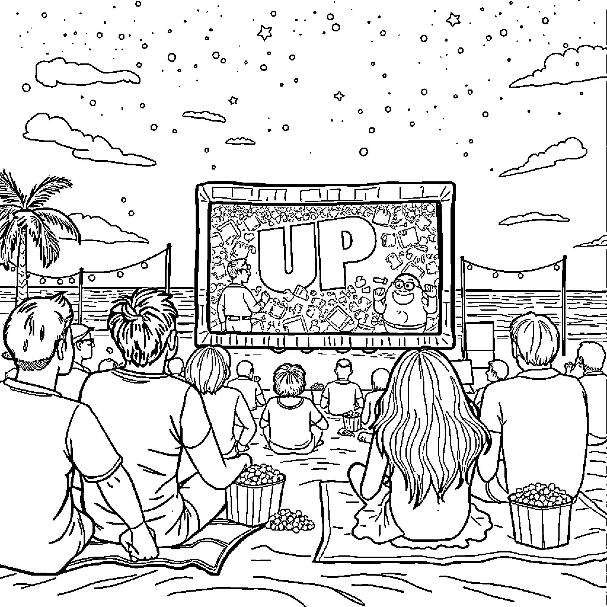 Up Outdoor Movie Night at the Beach Coloring Page (free black-and-white line drawing printable PDF for all, from beginners to advanced learners, including children, teens, adults, and seniors)
