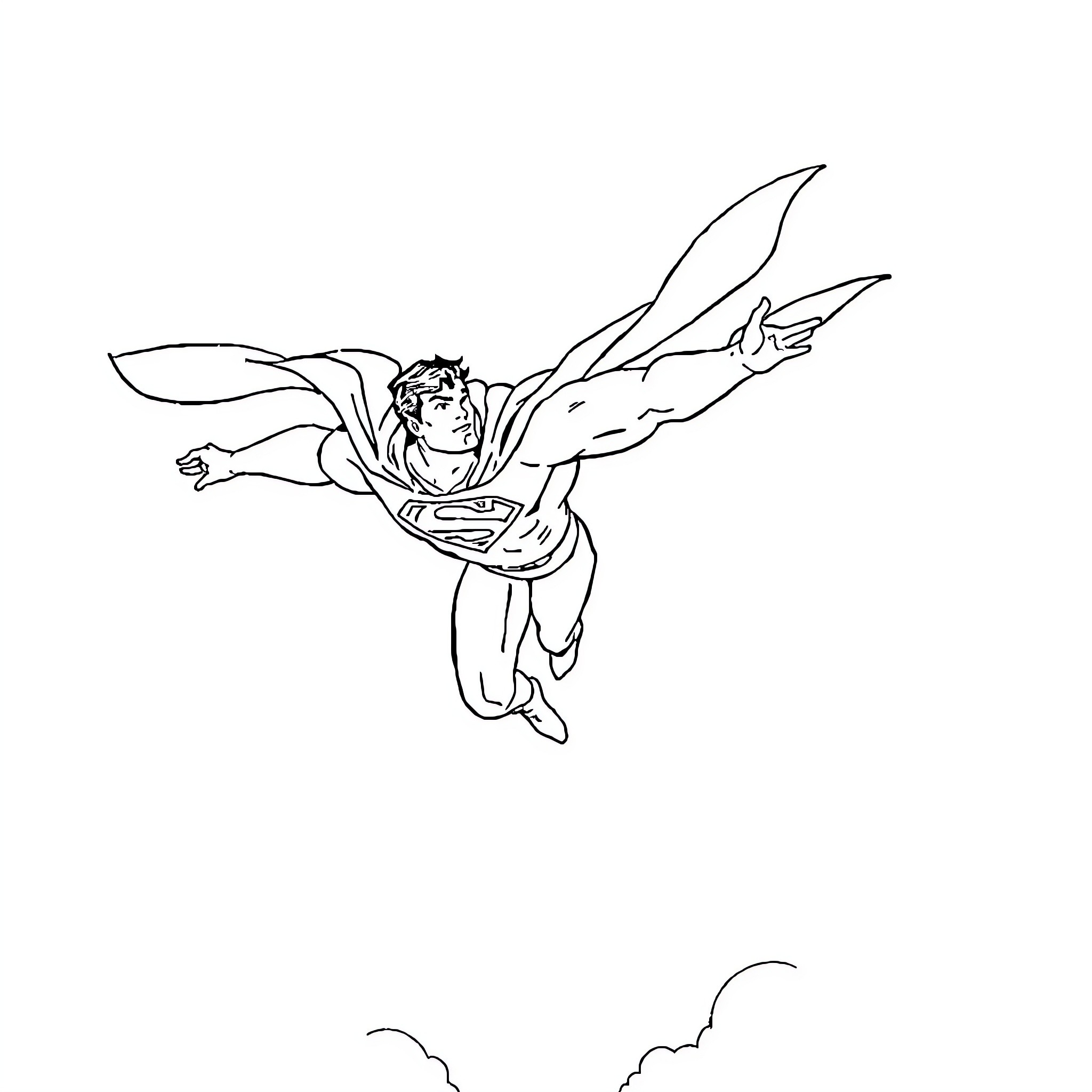 Superman soaring through the sky in action Coloring Page (free black-and-white line drawing printable PDF for all, from beginners to advanced learners, including children, teens, adults, and seniors)