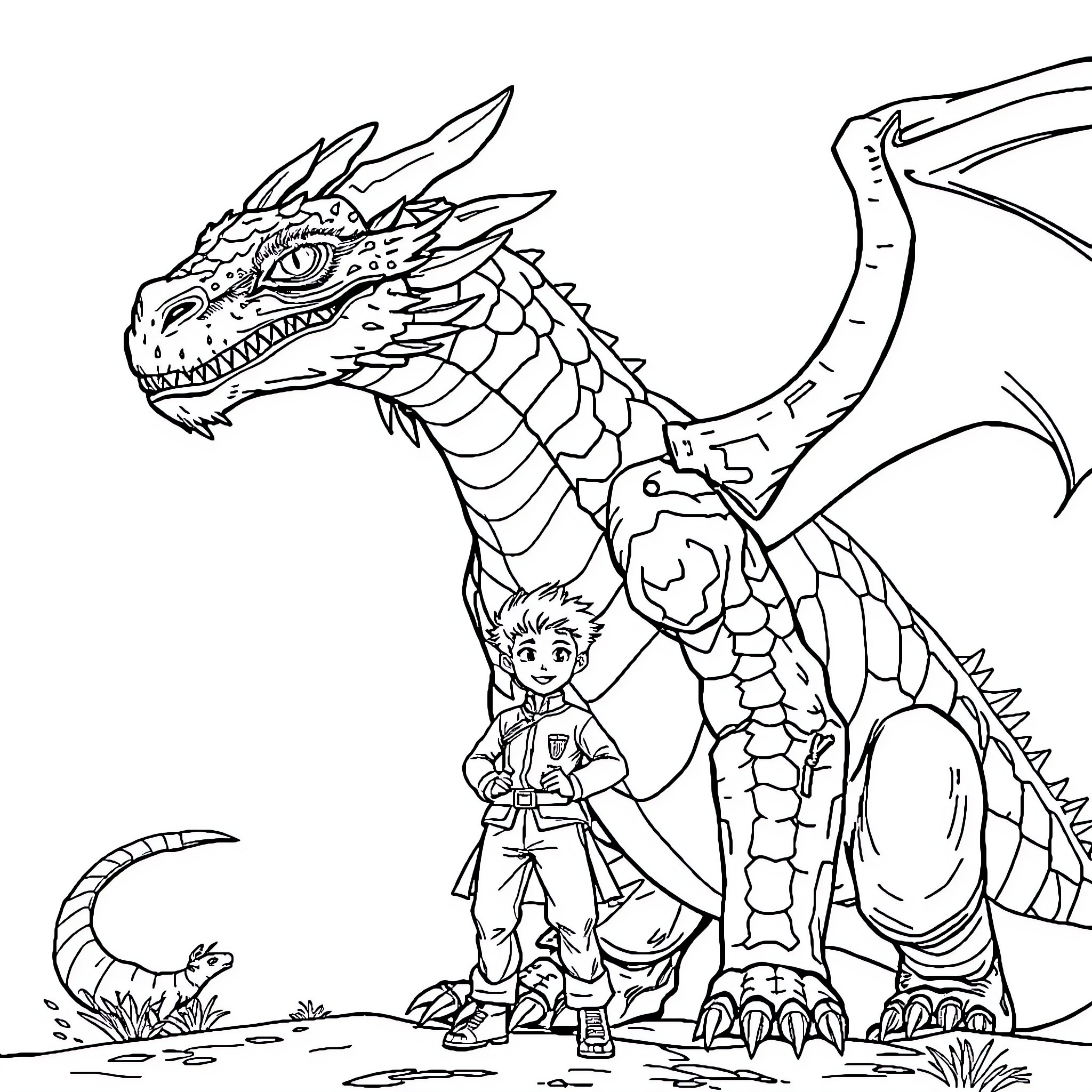 Drogon and the Young Dragon Rider Coloring Page (free black-and-white line drawing printable PDF for all, from beginners to advanced learners, including children, teens, adults, and seniors)
