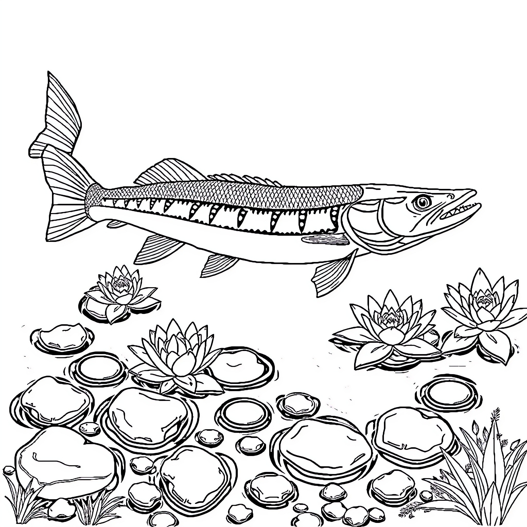 Pike swimming among water lilies Coloring Page (free black-and-white line drawing printable PDF for all, from beginners to advanced learners, including children, teens, adults, and seniors)
