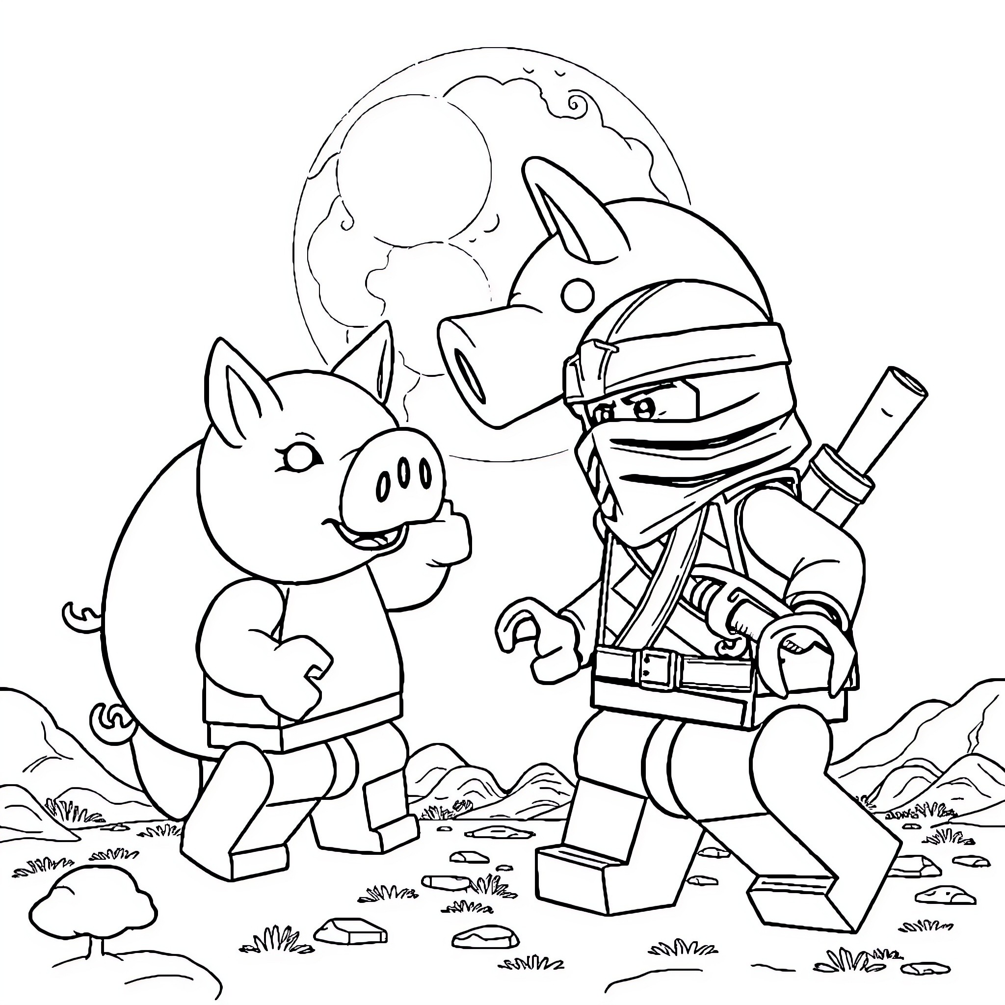 Ninja pig and robot exploring the moon Coloring Page (free black-and-white line drawing printable PDF for all, from beginners to advanced learners, including children, teens, adults, and seniors)