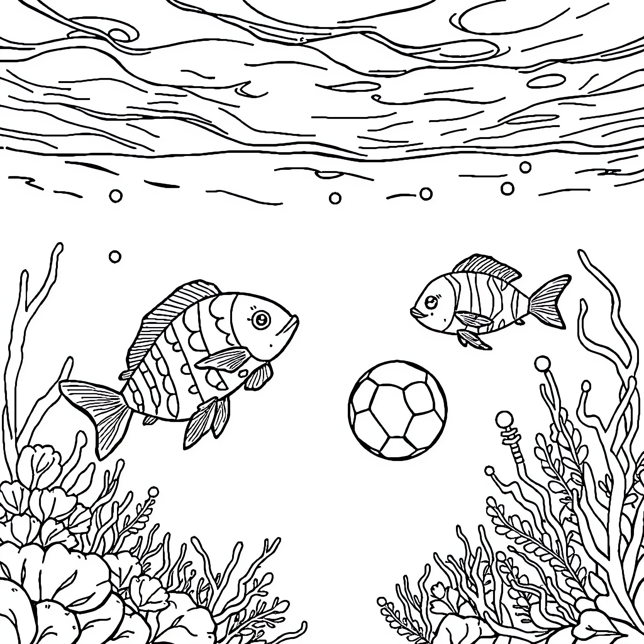 Fish swimming in the sea with toys Coloring Page (free black-and-white line drawing printable PDF for all, from beginners to advanced learners, including children, teens, adults, and seniors)