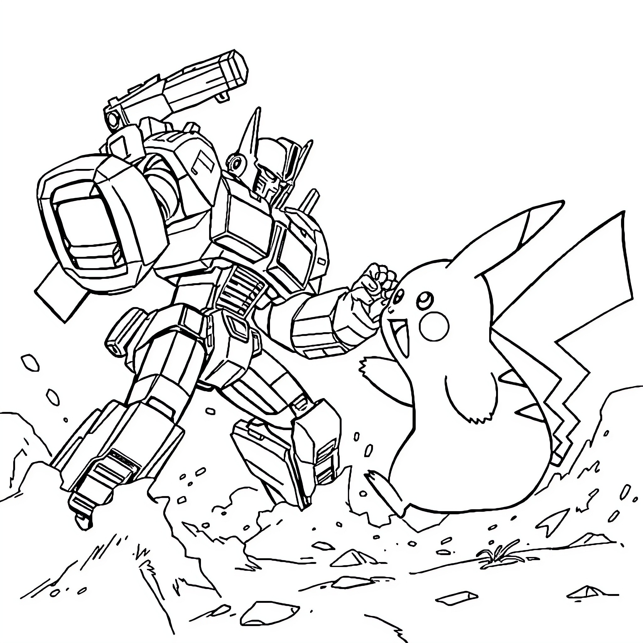Transformer robot battling with Pikachu creature Coloring Page (free black-and-white line drawing printable PDF for all, from beginners to advanced learners, including children, teens, adults, and seniors)