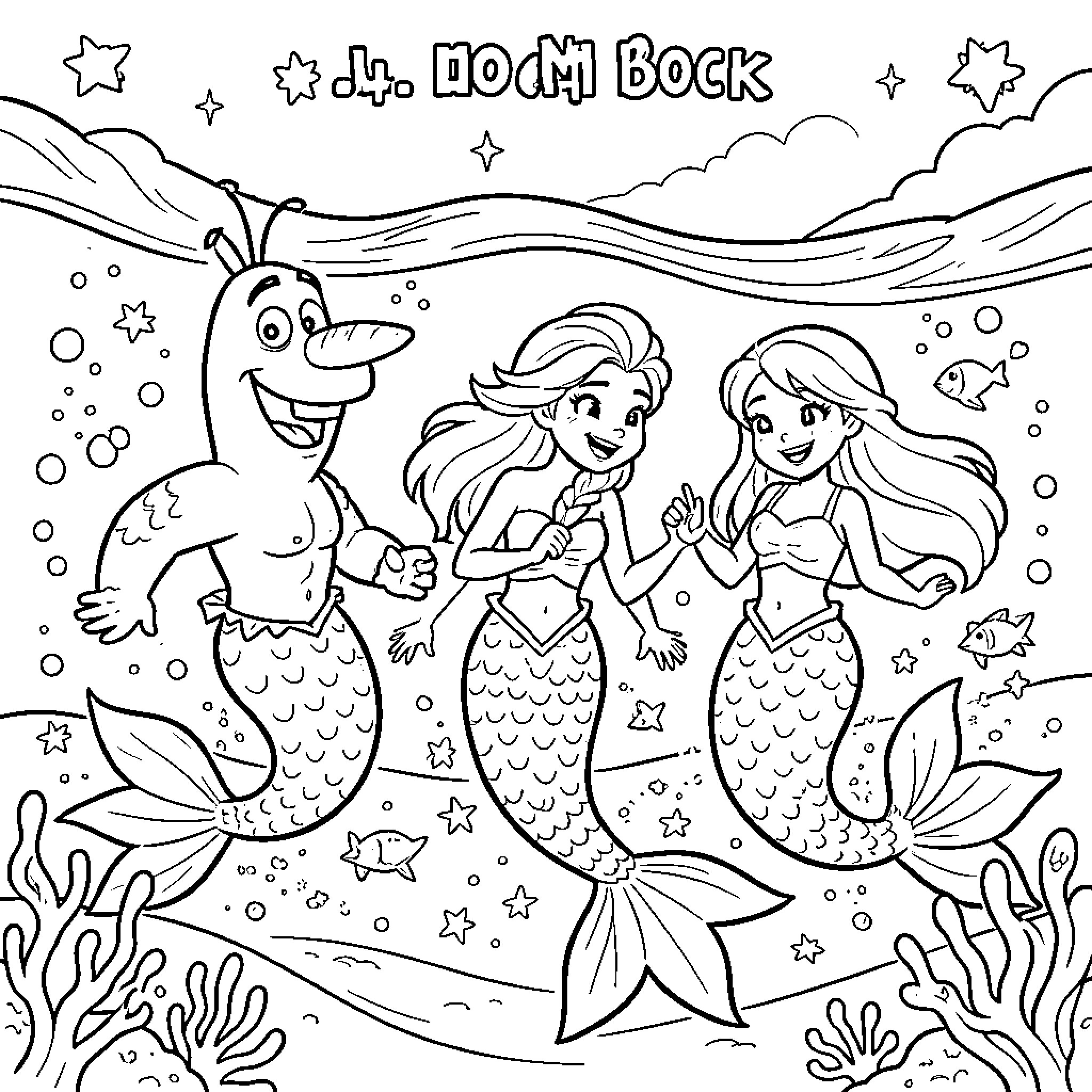 Mermaid friends swimming in the ocean Coloring Page (free black-and-white line drawing printable PDF for all, from beginners to advanced learners, including children, teens, adults, and seniors)