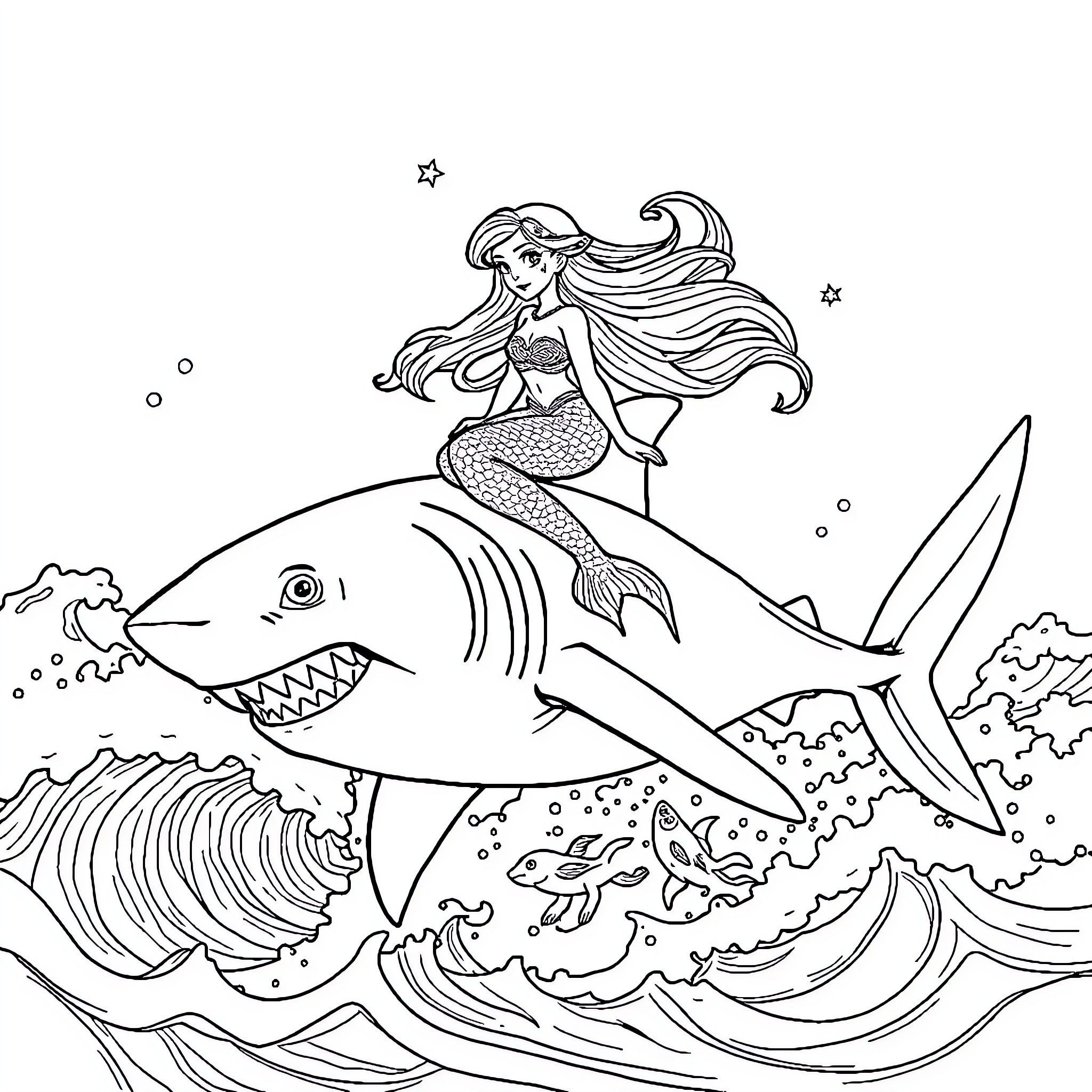 Mermaid riding a fierce shark in the ocean Coloring Page (free black-and-white line drawing printable PDF for all, from beginners to advanced learners, including children, teens, adults, and seniors)