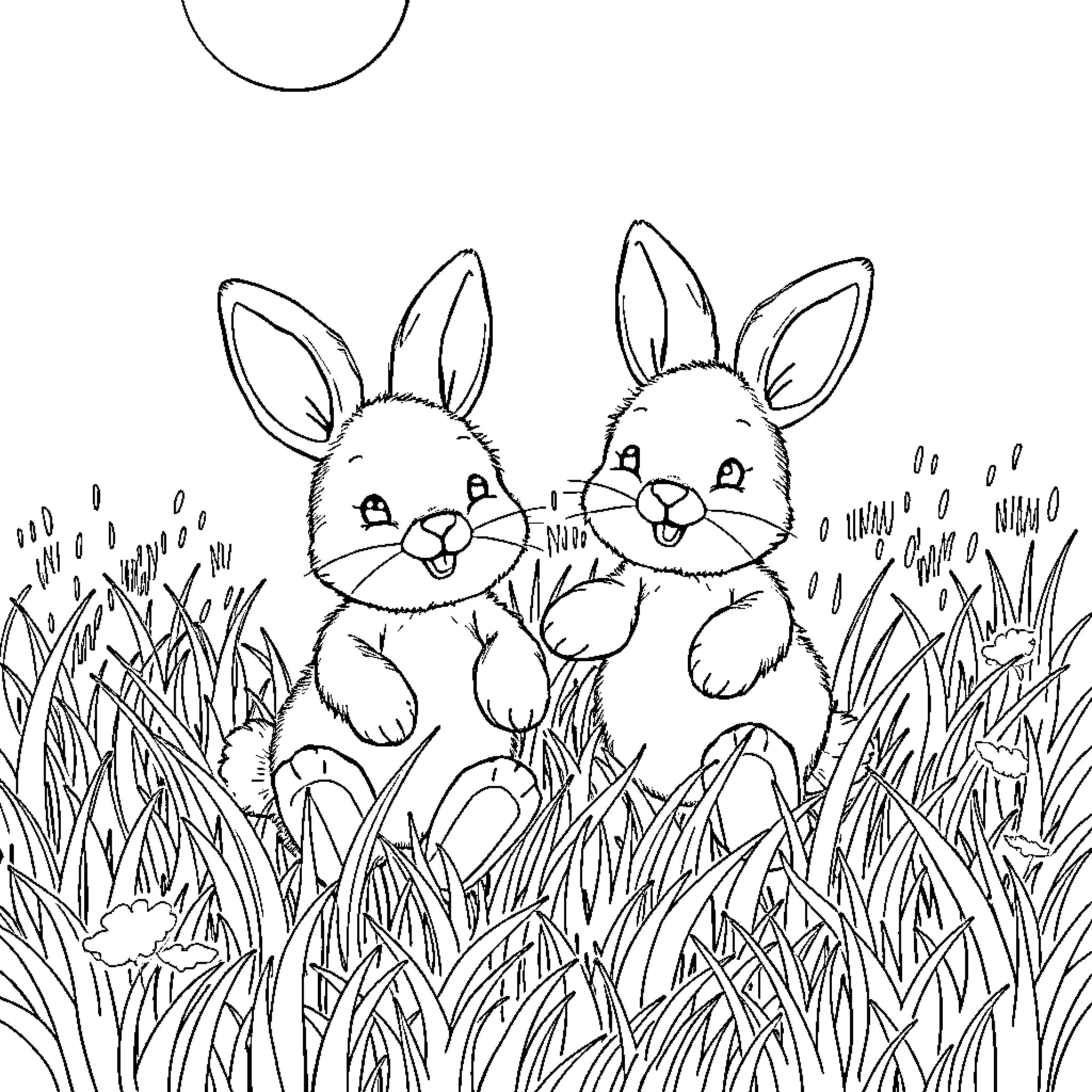 Rabbit siblings playing joyfully in the meadow Coloring Page (free black-and-white line drawing printable PDF for all, from beginners to advanced learners, including children, teens, adults, and seniors)