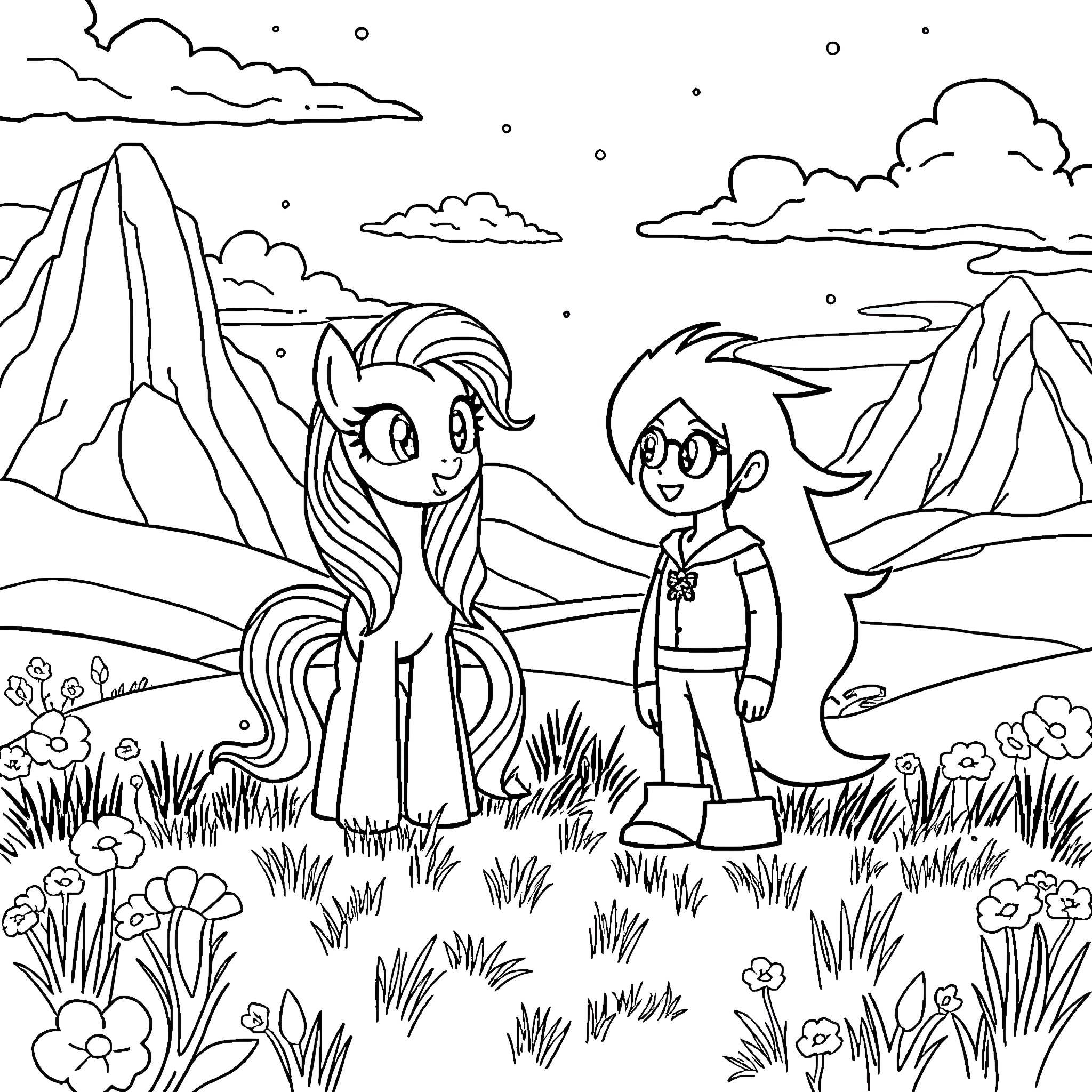 My Little Pony Exploring the Magical Landscape Coloring Page (free black-and-white line drawing printable PDF for all, from beginners to advanced learners, including children, teens, adults, and seniors)