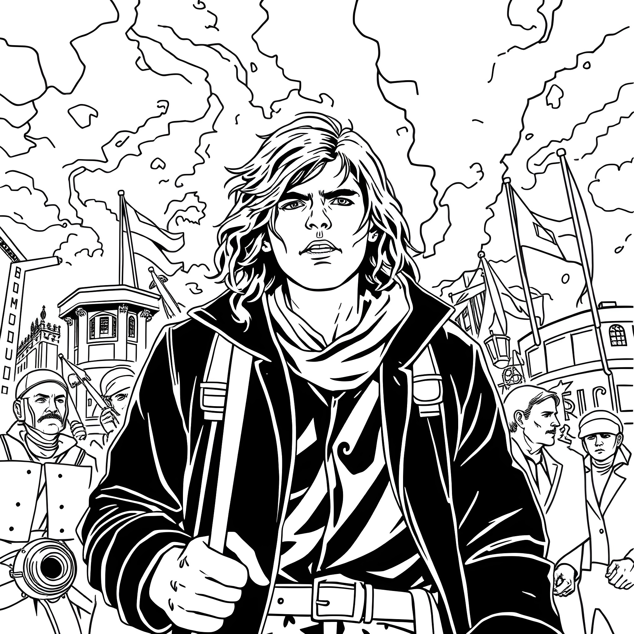 Bobby Sands leading the protest in the city Coloring Page (free black-and-white line drawing printable PDF for all, from beginners to advanced learners, including children, teens, adults, and seniors)