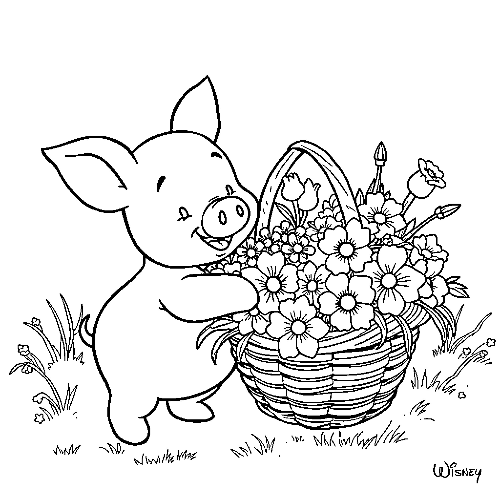 Piglet carrying a basket of flowers Coloring Page (free black-and-white line drawing printable PDF for all, from beginners to advanced learners, including children, teens, adults, and seniors)