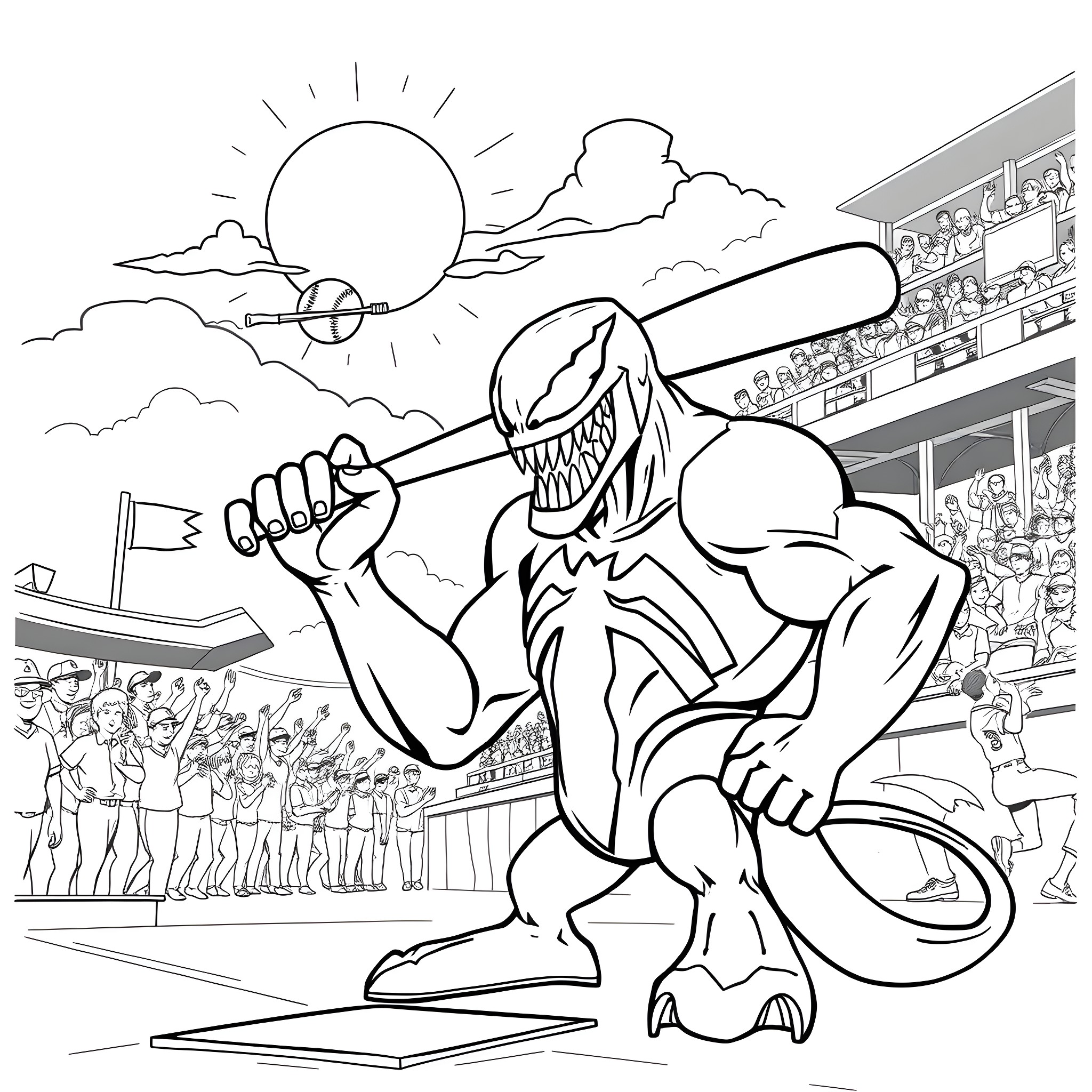Venom Unleashing Chaos in the Stadium Coloring Page (free black-and-white line drawing printable PDF for all, from beginners to advanced learners, including children, teens, adults, and seniors)