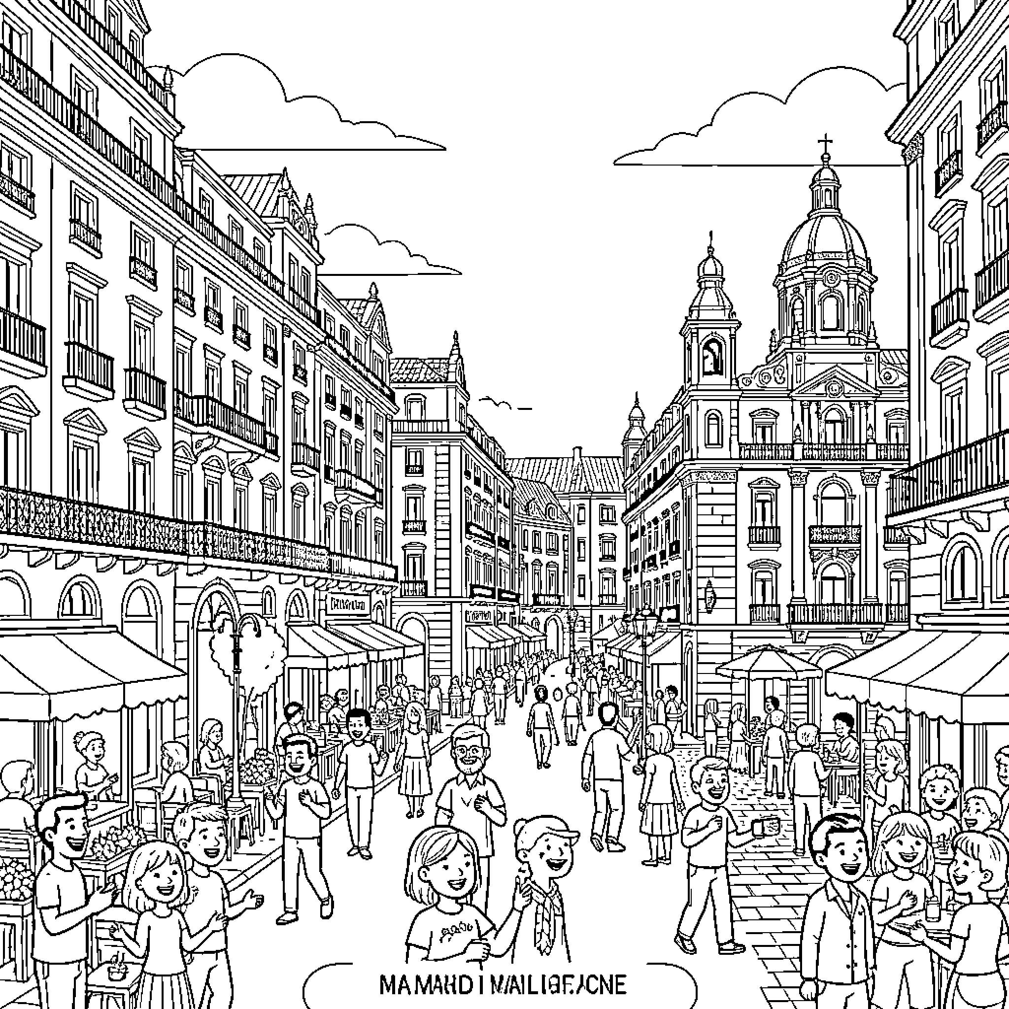 Madrid Street Scene with Bustling Crowds and Architecture Coloring Page (free black-and-white line drawing printable PDF for all, from beginners to advanced learners, including children, teens, adults, and seniors)