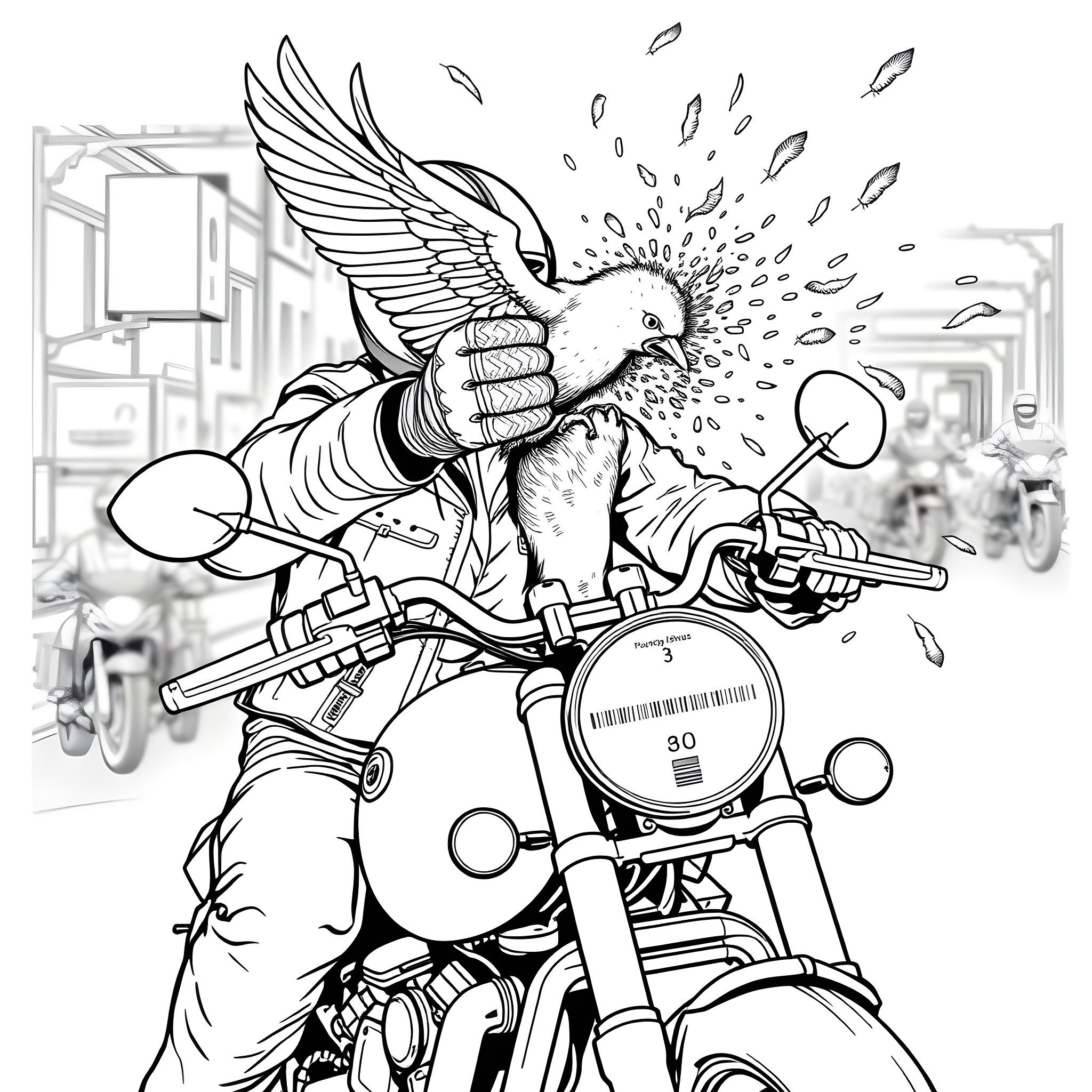 Bird riding motorcycle and flying through city Coloring Page (free black-and-white line drawing printable PDF for all, from beginners to advanced learners, including children, teens, adults, and seniors)