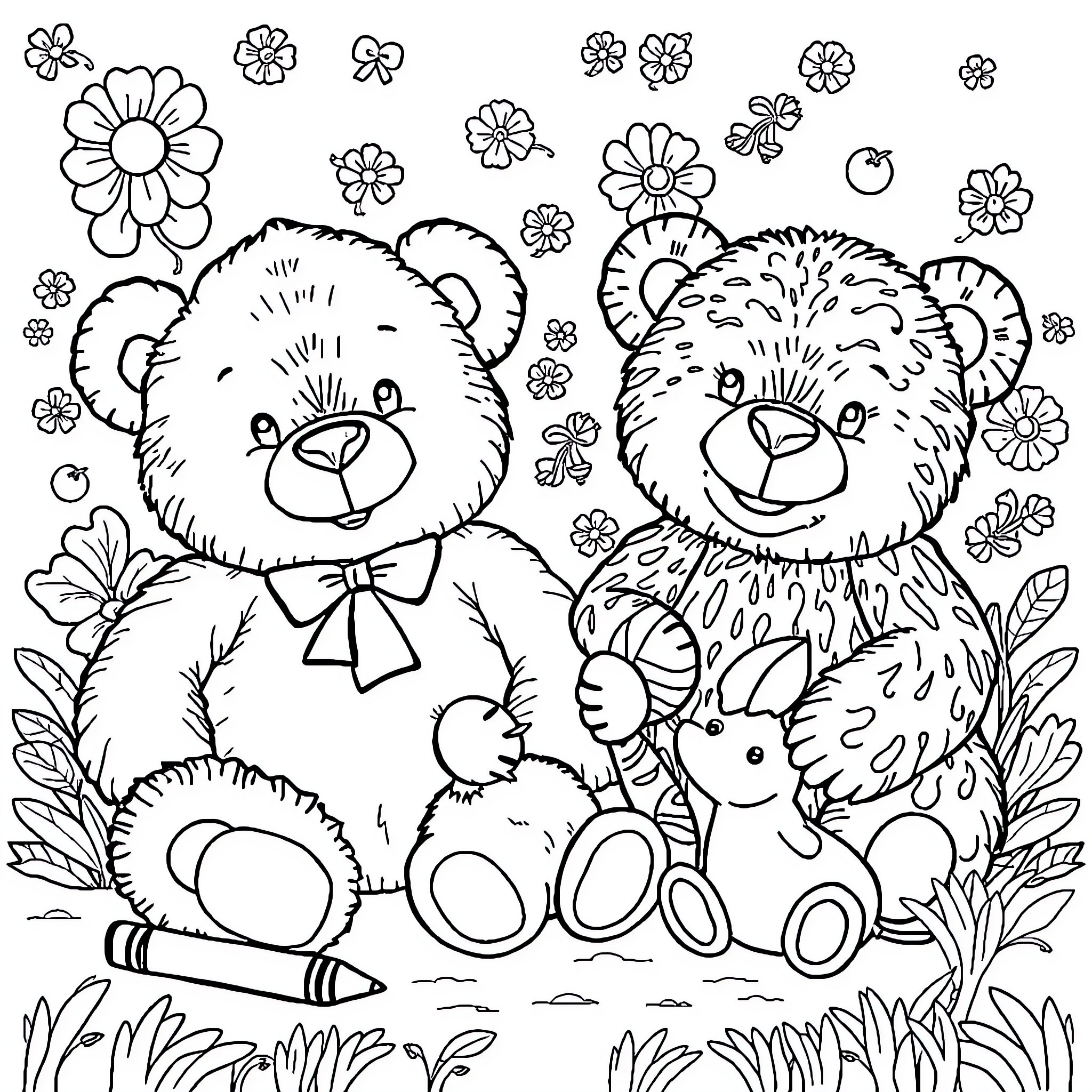 Teddy Bears with Flowers and Toys Coloring Page (free black-and-white line drawing printable PDF for all, from beginners to advanced learners, including children, teens, adults, and seniors)