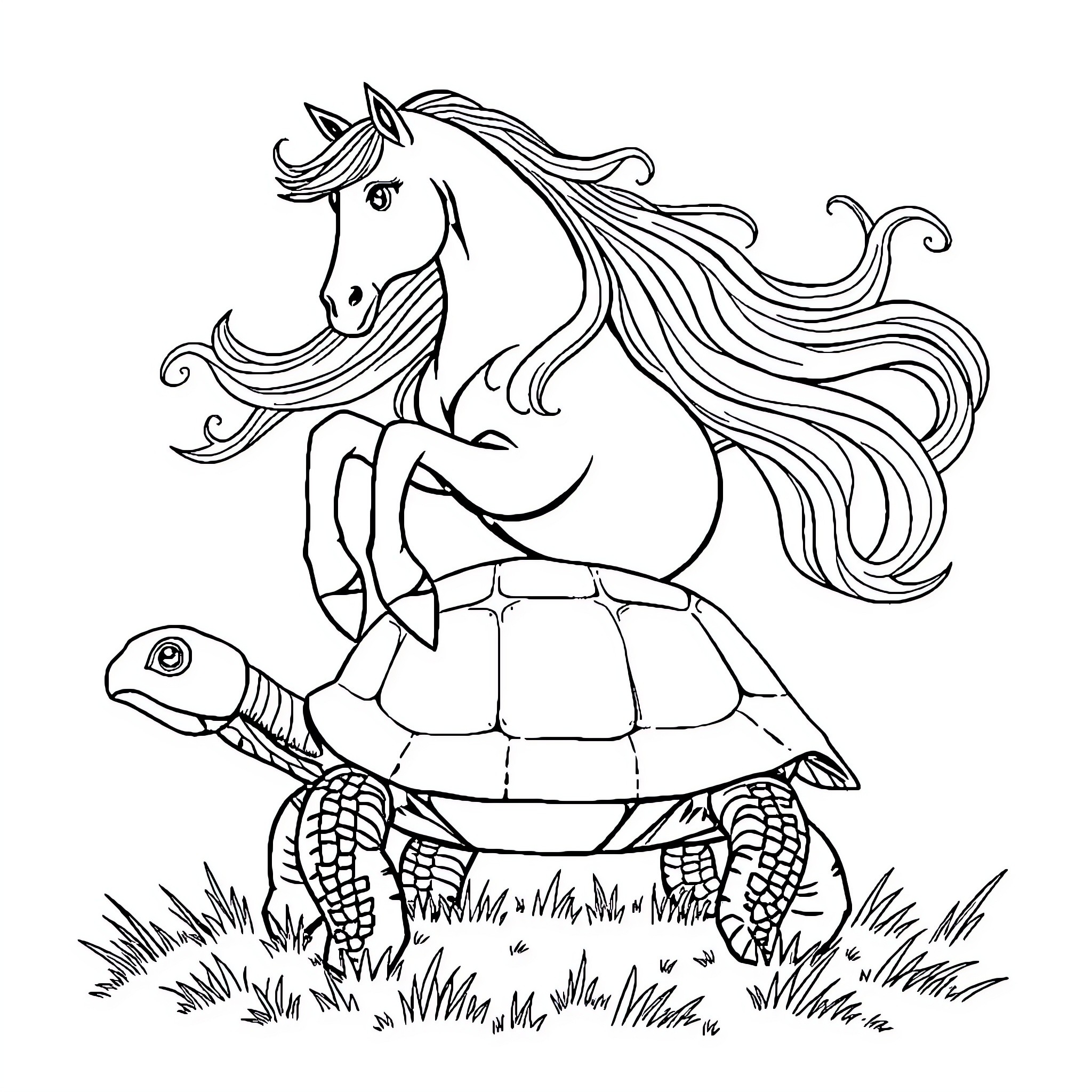 Horse riding on a Turtle through Grassy Field Coloring Page (free black-and-white line drawing printable PDF for all, from beginners to advanced learners, including children, teens, adults, and seniors)