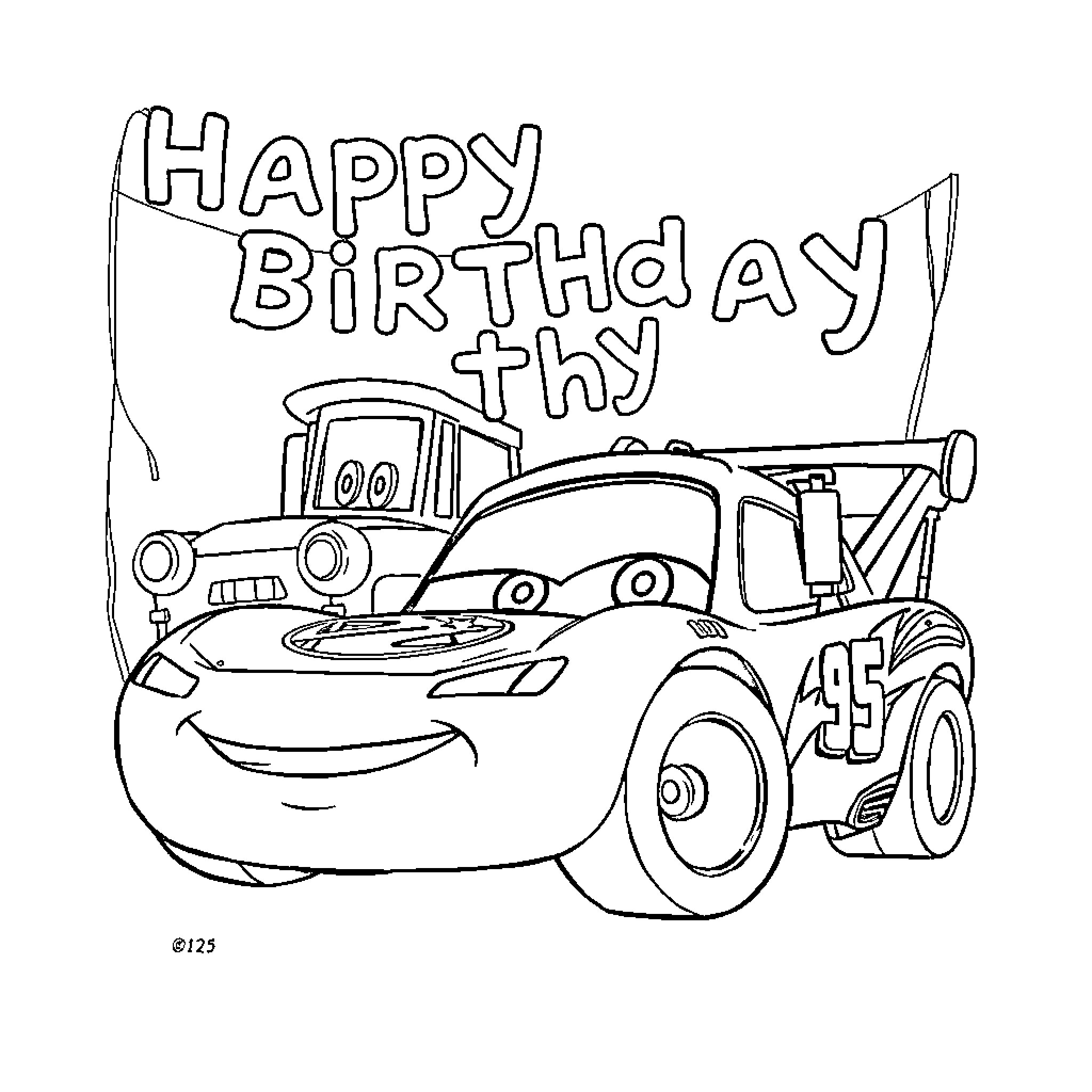 Lightning McQueen celebrating a birthday happily Coloring Page (free black-and-white line drawing printable PDF for all, from beginners to advanced learners, including children, teens, adults, and seniors)