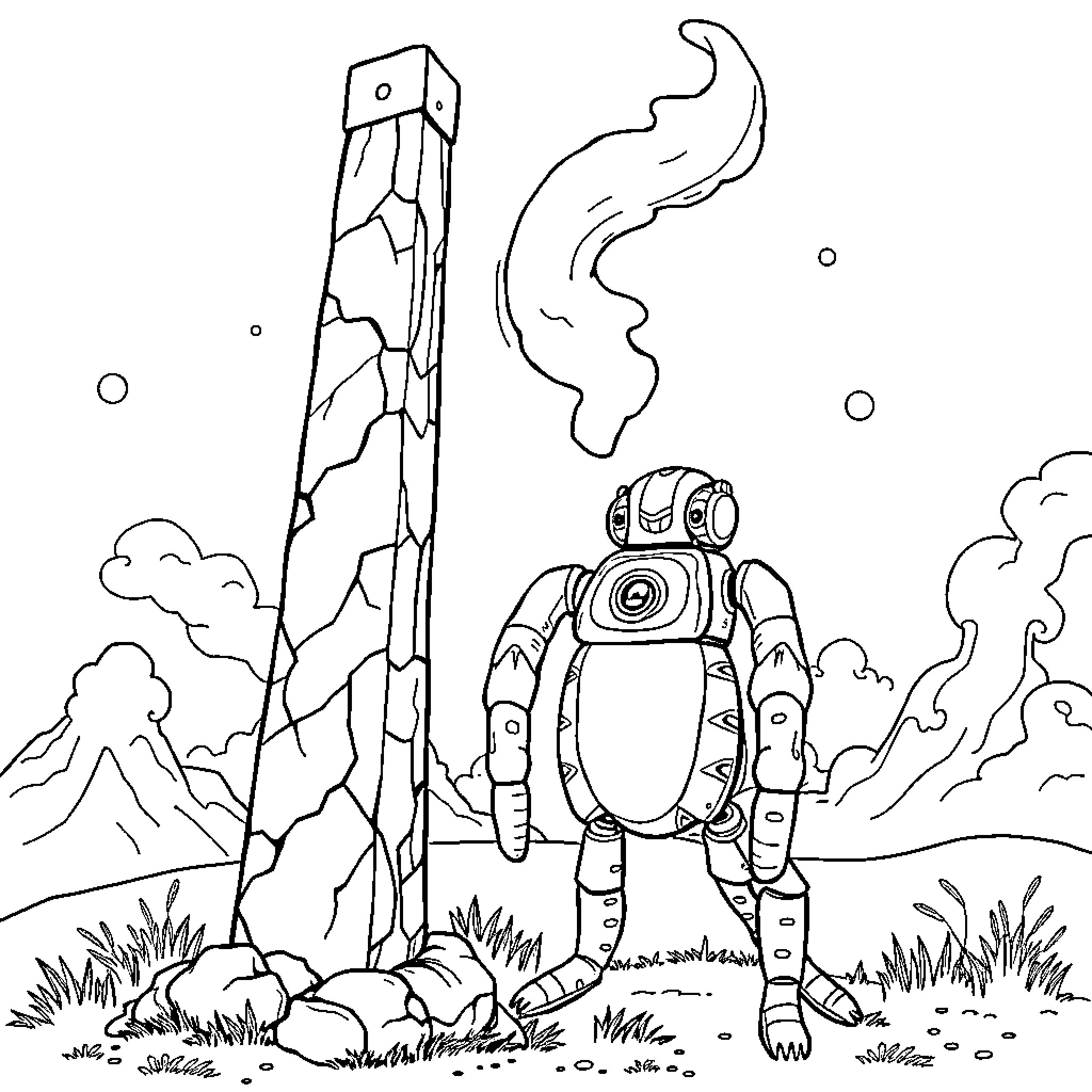 Breimbot exploring an alien landscape Coloring Page (free black-and-white line drawing printable PDF for all, from beginners to advanced learners, including children, teens, adults, and seniors)