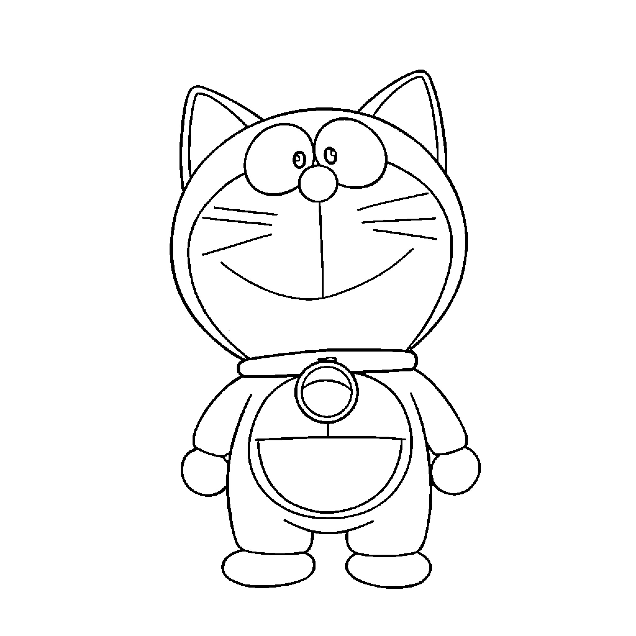 Doraemon smiling happily in his signature outfit Coloring Page (free black-and-white line drawing printable PDF for all, from beginners to advanced learners, including children, teens, adults, and seniors)