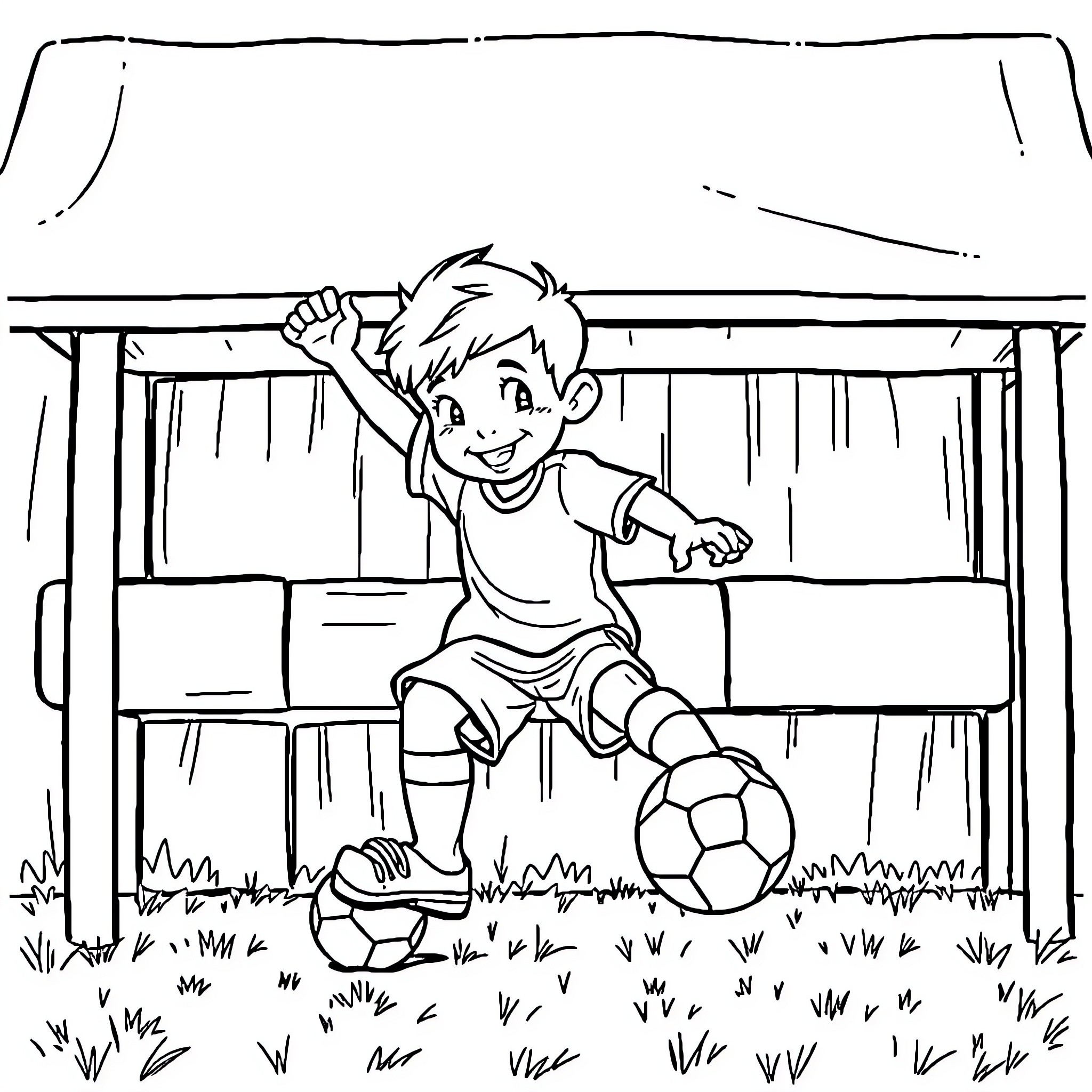 Child playing happily with soccer ball on the field Coloring Page (free black-and-white line drawing printable PDF for all, from beginners to advanced learners, including children, teens, adults, and seniors)